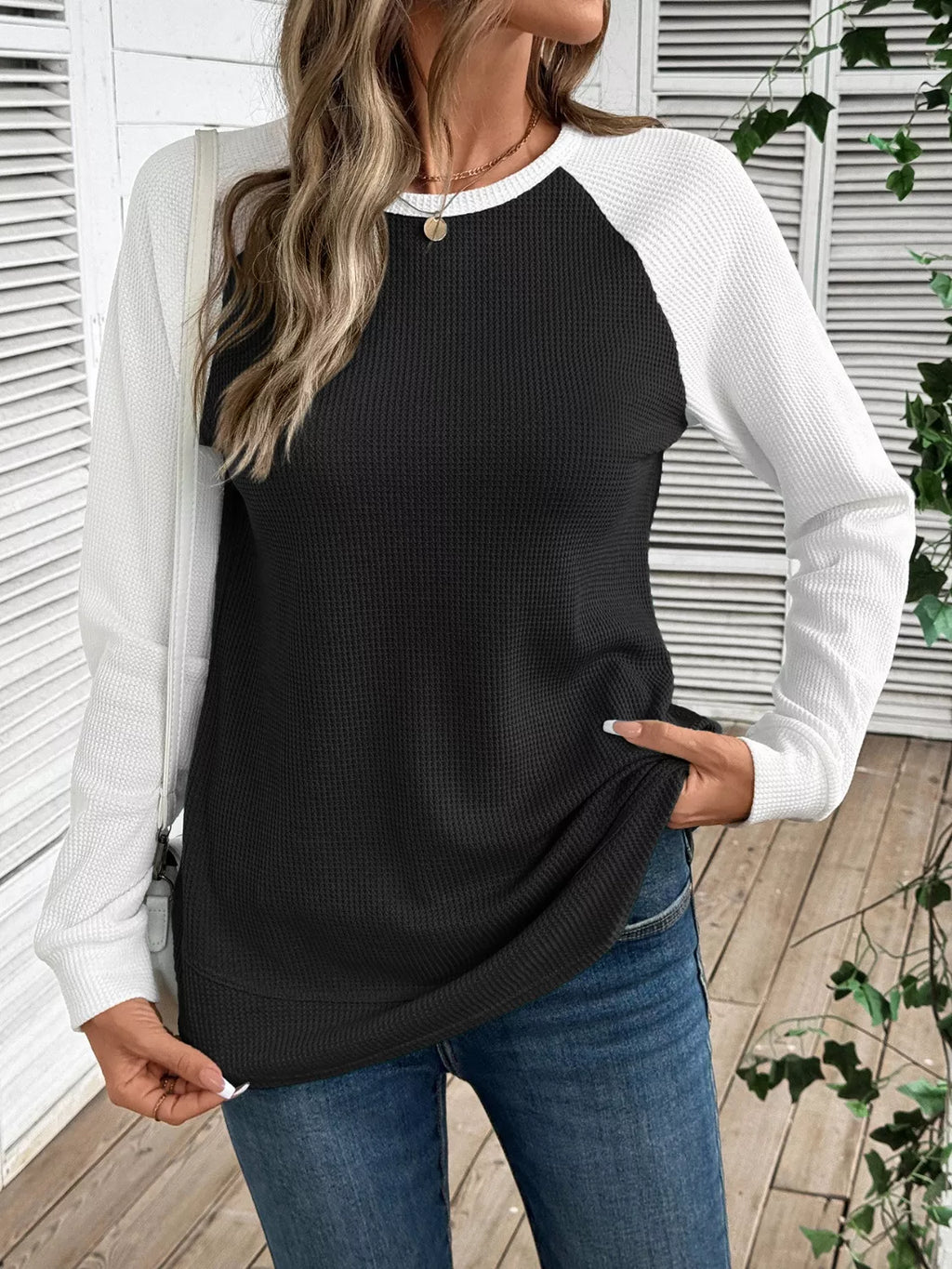 Waffle Knit Raglan Sleeve T-Shirt | Relaxed Fit Crew Neck