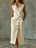 Women's Sleeveless Stand Collar Midi Dress with Button Front - Image 6