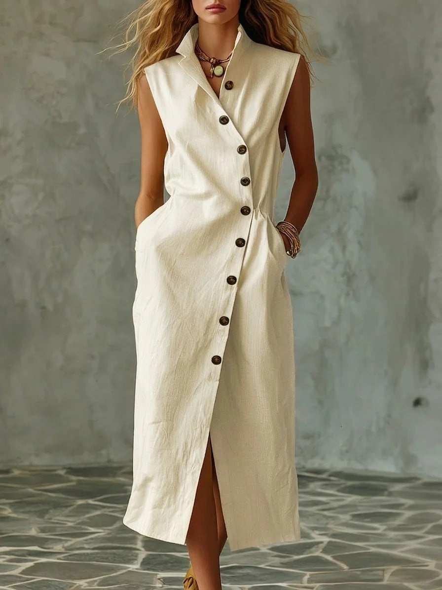 Women's Sleeveless Stand Collar Midi Dress with Button Front - Image 6