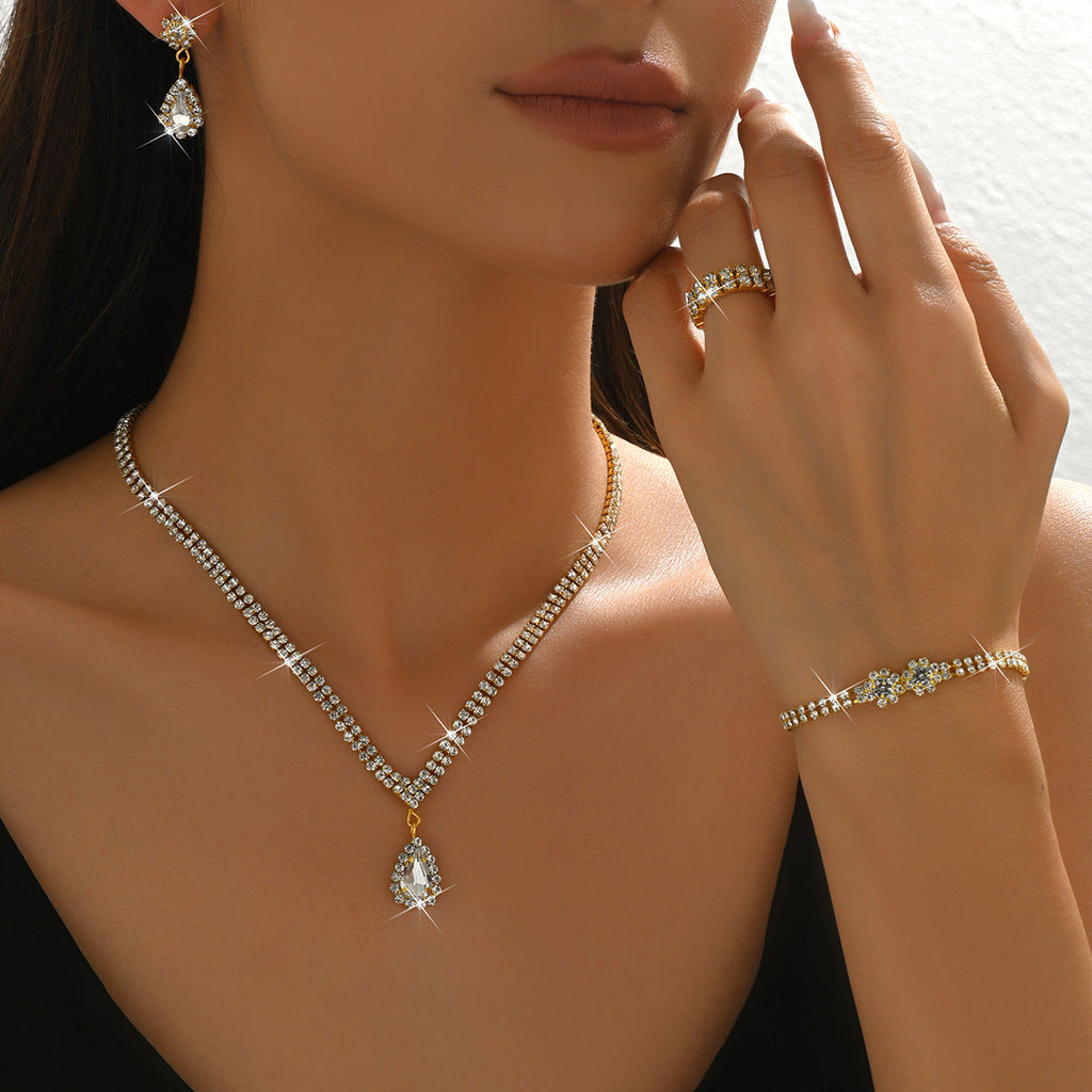 Women 4 Pcs Rhinestone Jewelry Set,Necklace Earrings Bracelet Ring,Elegant Bridal Costume Accessories For Wedding Party Occasion