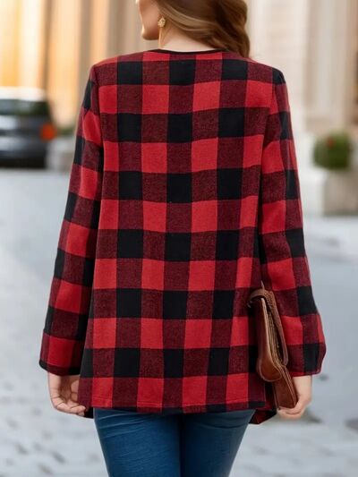 Elegant Plaid Open-Front Long Sleeve Jacket Lightweight