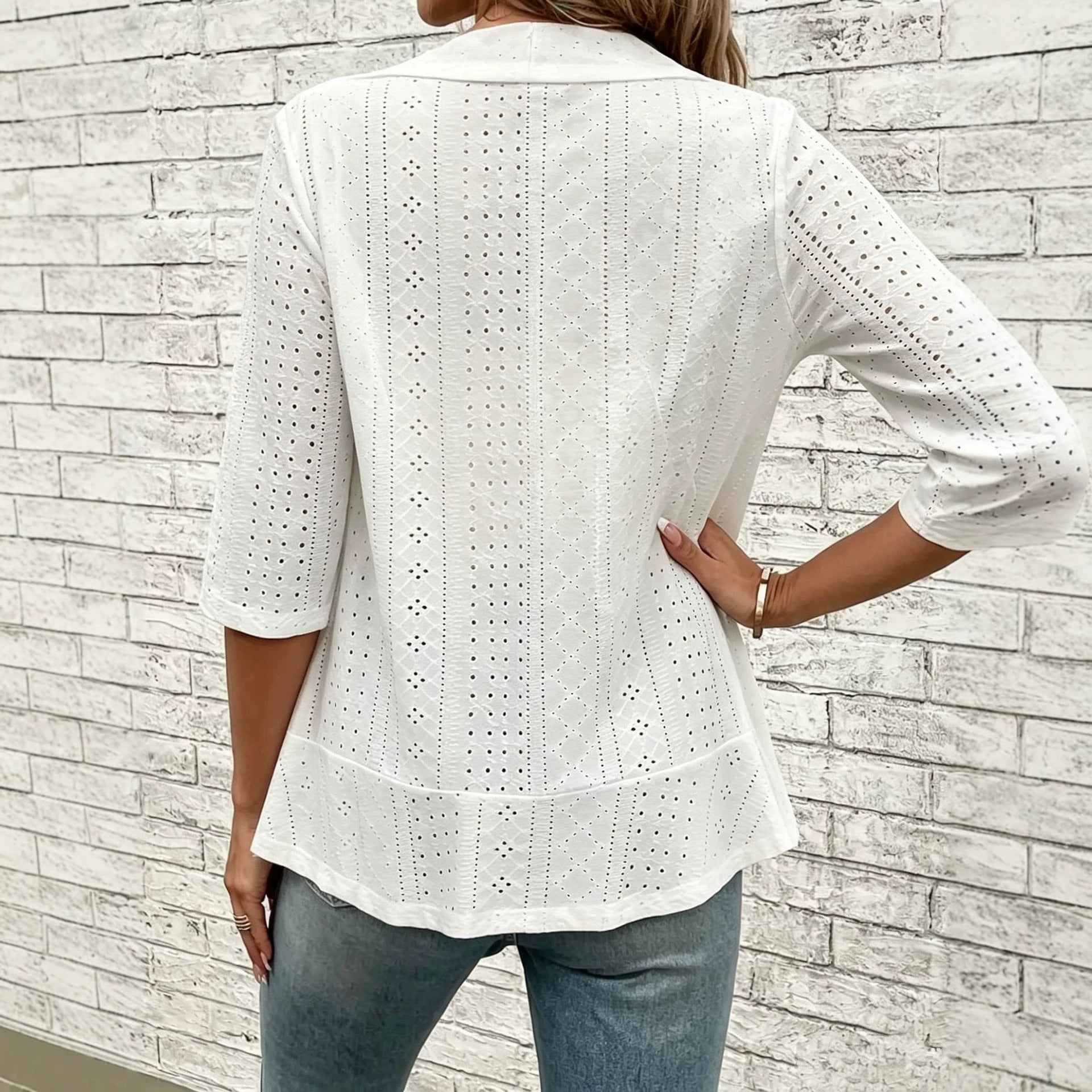 Women's Eyelet Hollow-Out Open-Front Blazer Jacket – 3/4 Sleeve