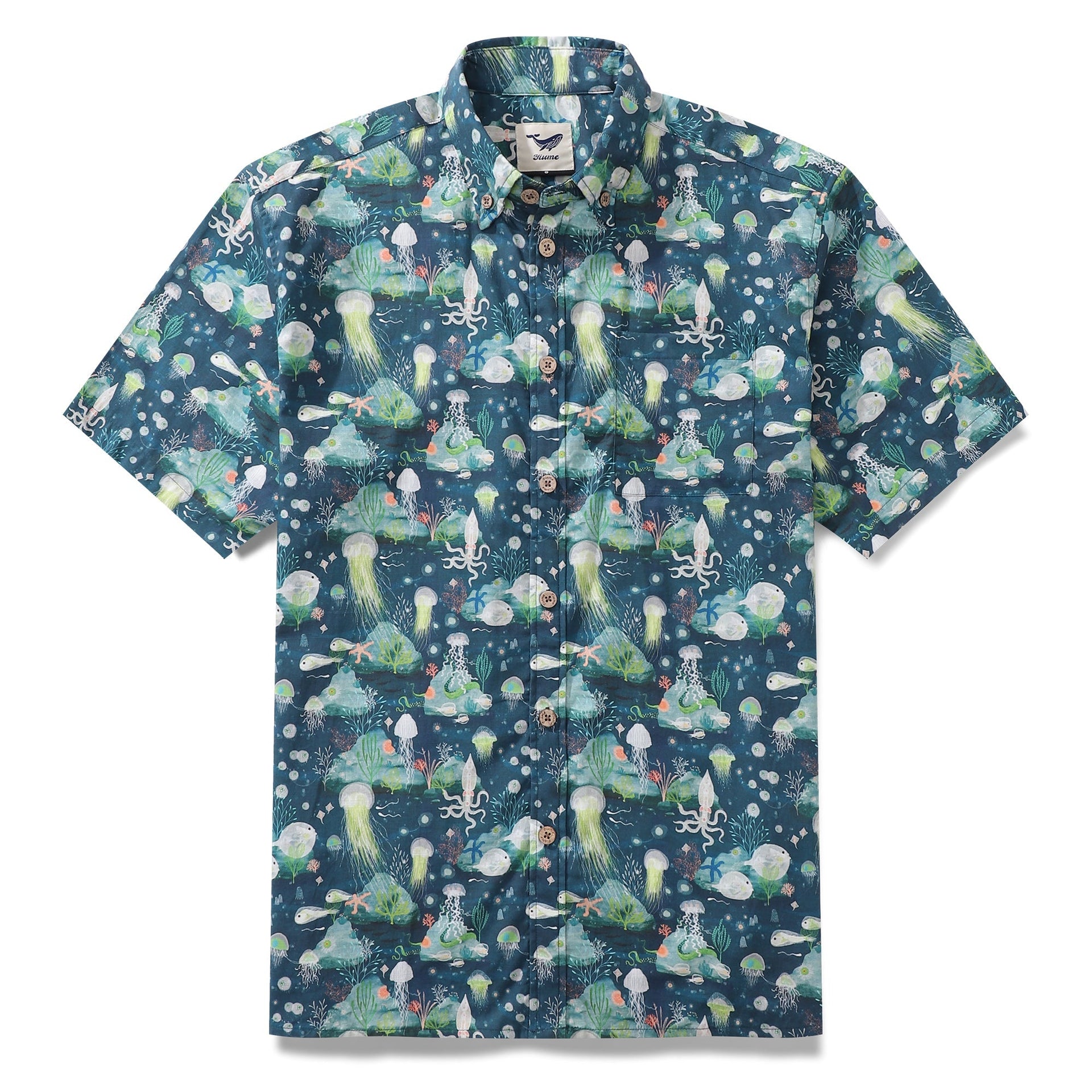 Men's short sleeve cotton Hawaiian shirt featuring a bioluminescent sea-inspired print.