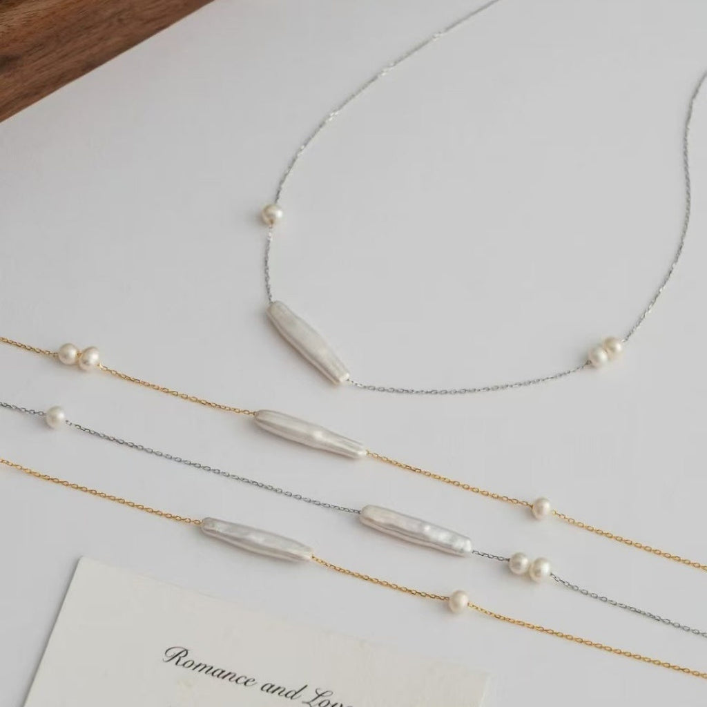 Gold Freshwater Pearl Irregular Chain Necklace Modern Minimalist