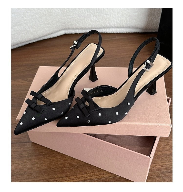 Women's Bowknot Rhinestone Slingback Stiletto Heels