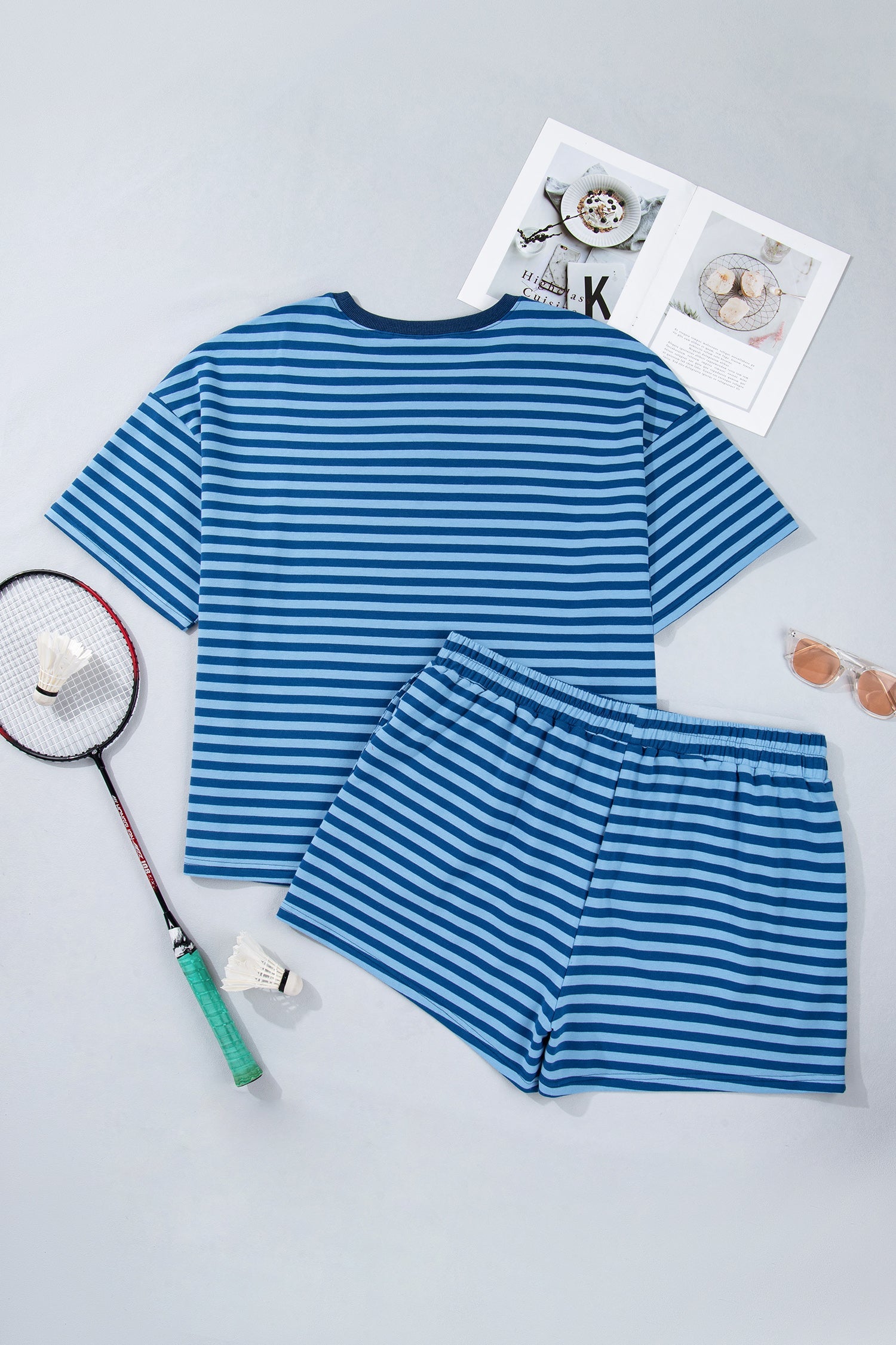 Stripe Dropped Shoulder Tee & Shorts Set in Blue