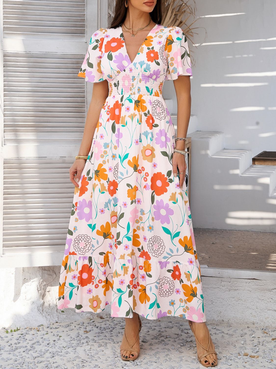 Printed V-Neck Short Sleeve Maxi Dress with Smocked Detail