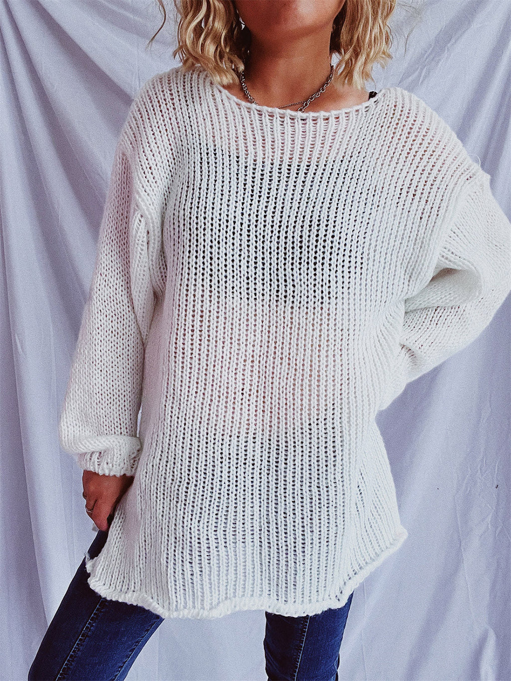 Women's White Boat Neck Dropped Shoulder Loose Knit Sweater - Image 4