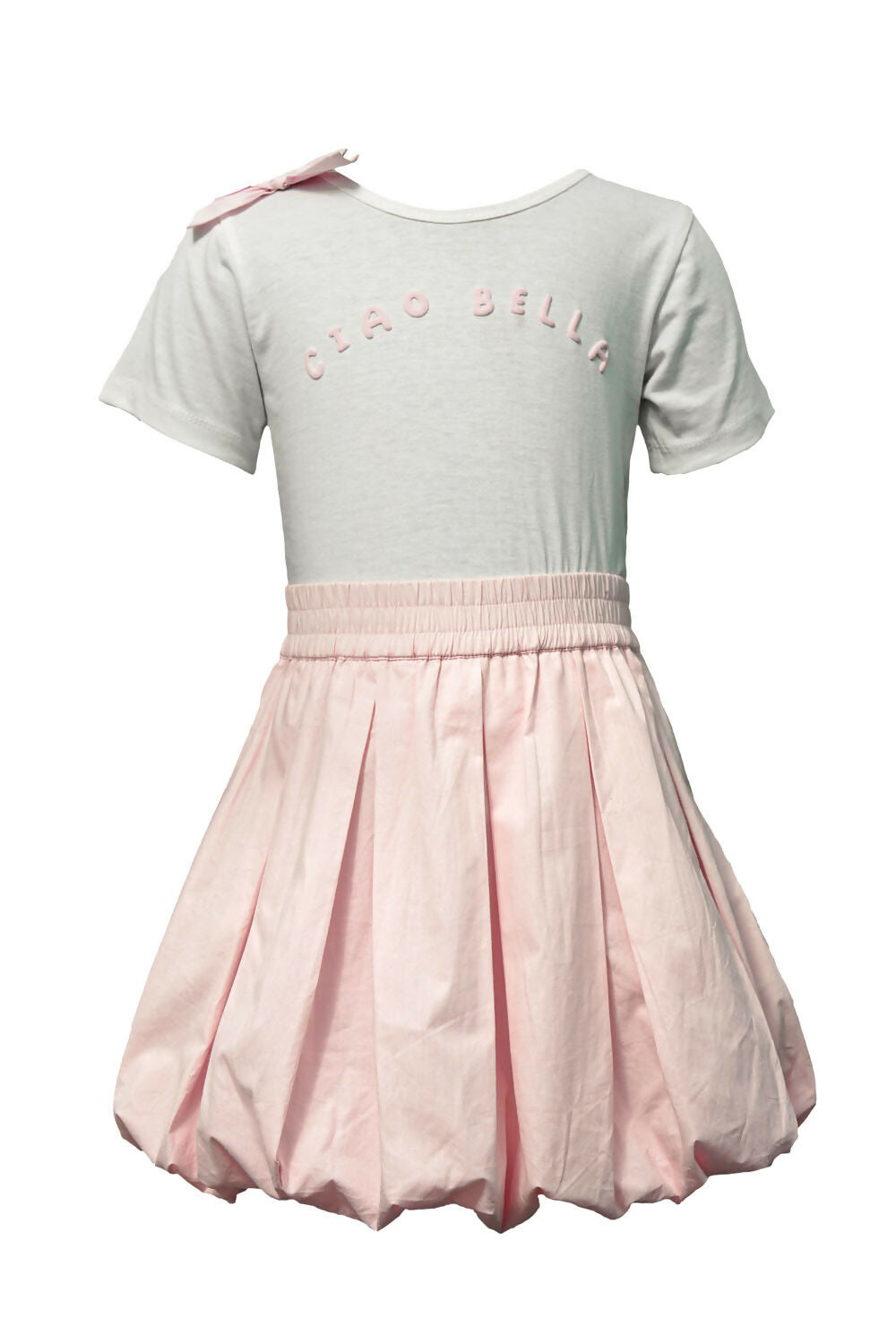 Girls Cotton Tee & Mini Skirt Set in White and Light Pink