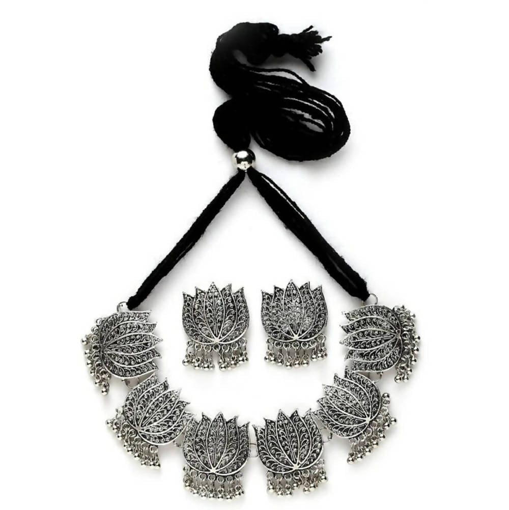 Oxidised silver color choker necklace featuring an intricate lotus design