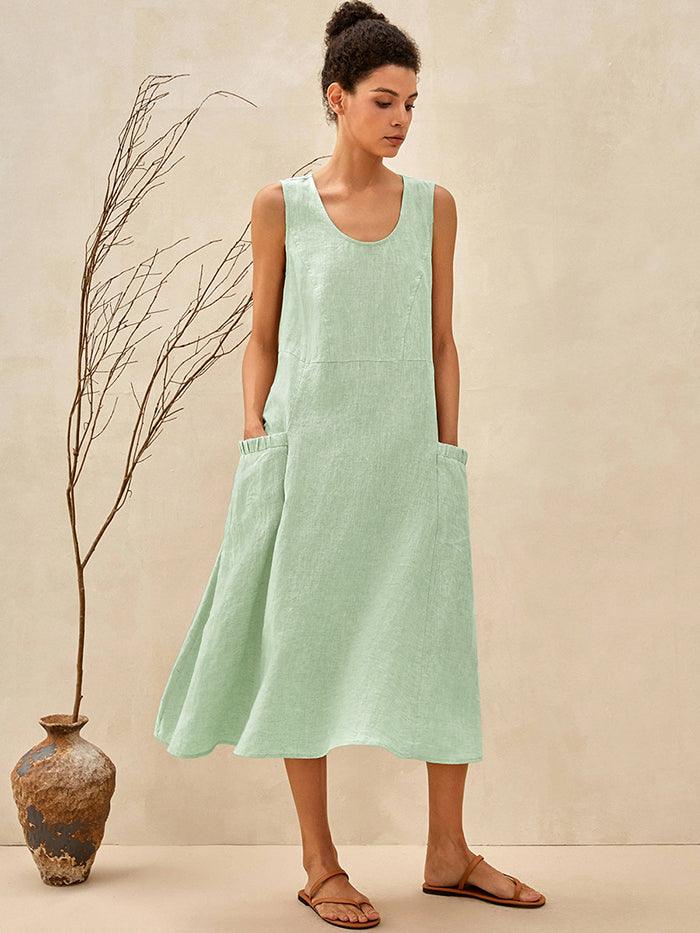 100% Linen Scoop Neck Swing Beach Maxi Dress - Sleeveless