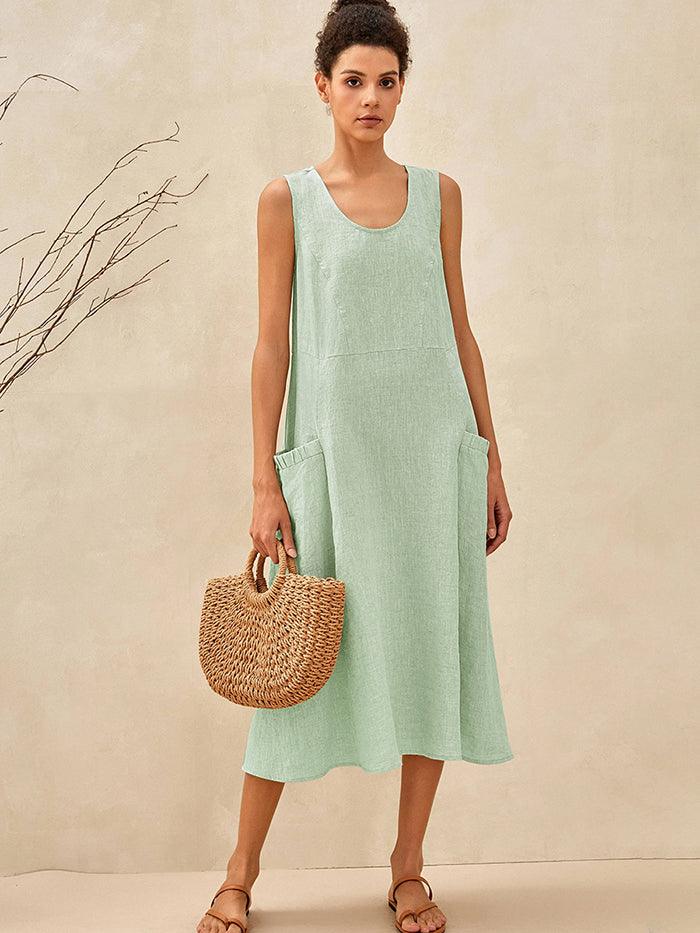 100% Linen Scoop Neck Swing Beach Maxi Dress - Sleeveless