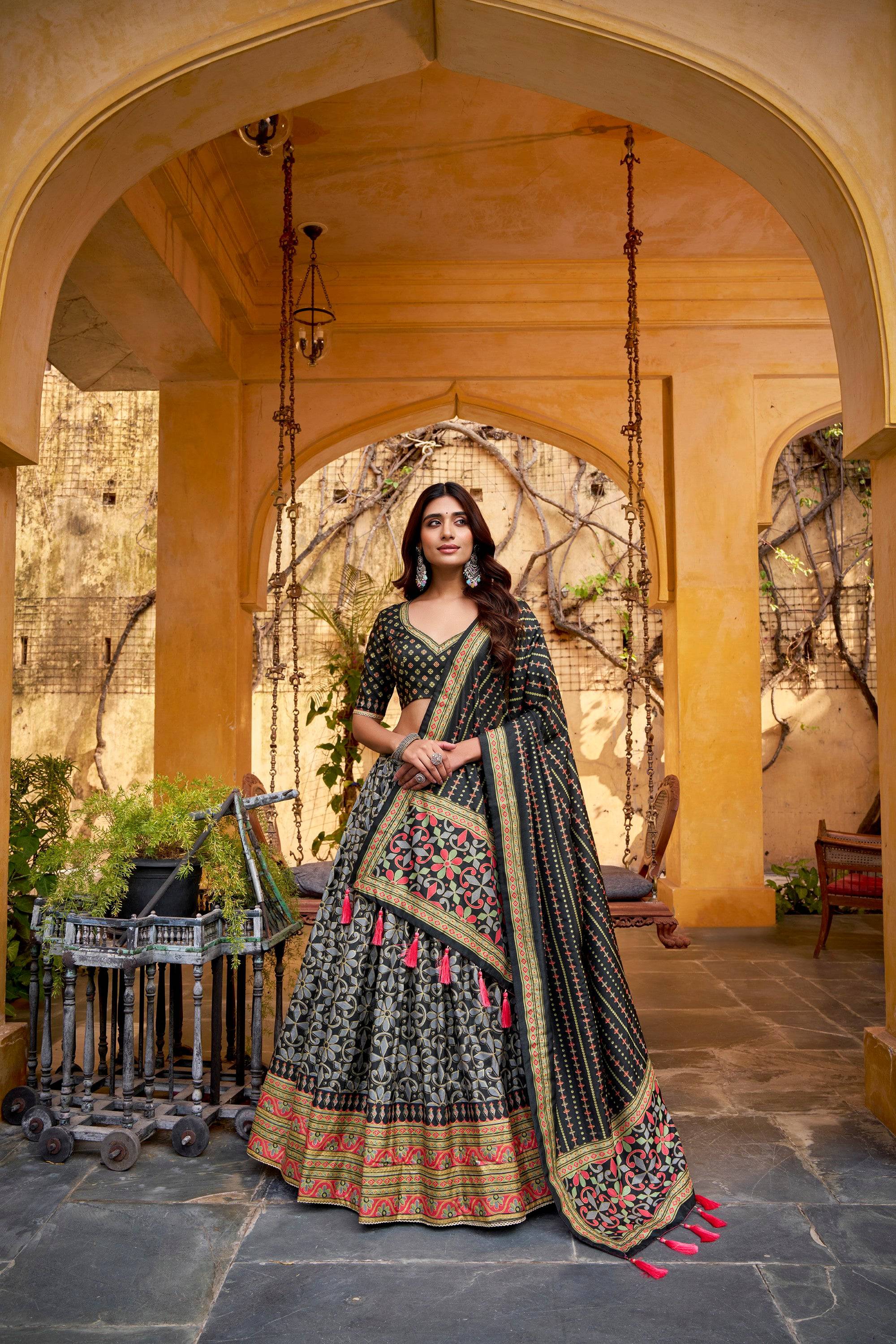 Lorenvalley Fashion Black Tasar Silk Iconic Sparkle with Lace Border Lehenga Choli with Dupatta