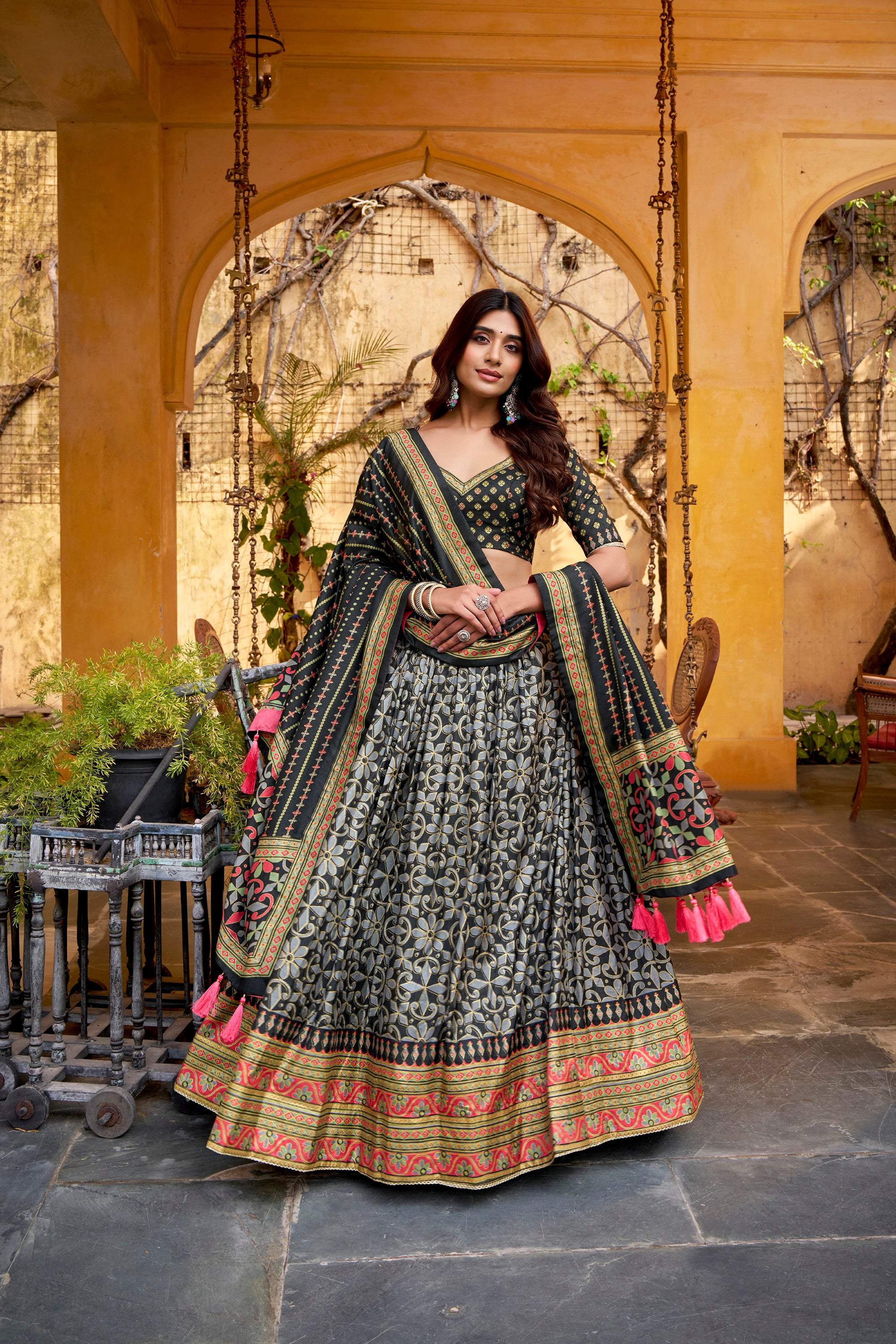 Lorenvalley Fashion Black Tasar Silk Iconic Sparkle with Lace Border Lehenga Choli with Dupatta