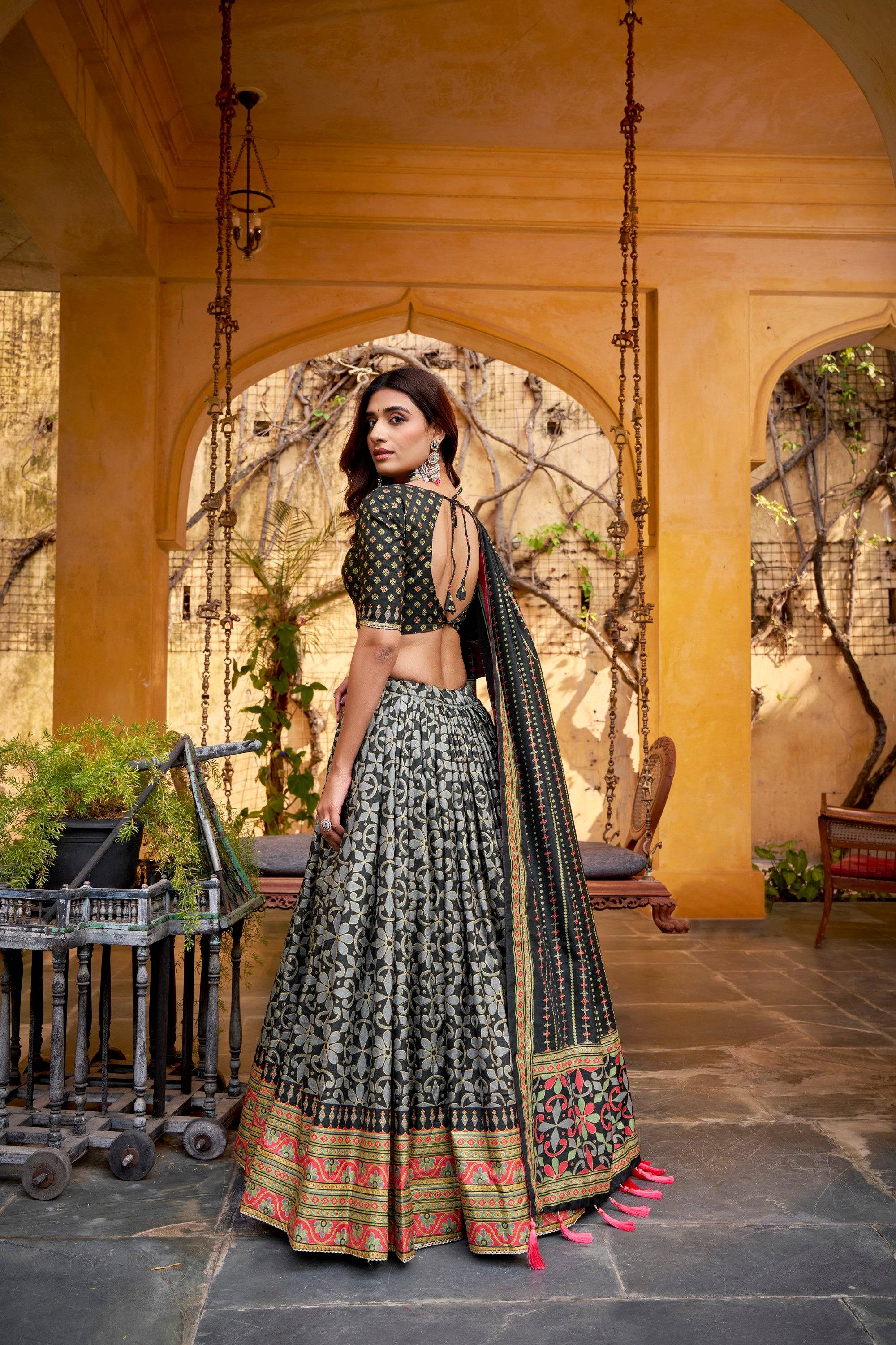 Lorenvalley Fashion Black Tasar Silk Iconic Sparkle with Lace Border Lehenga Choli with Dupatta