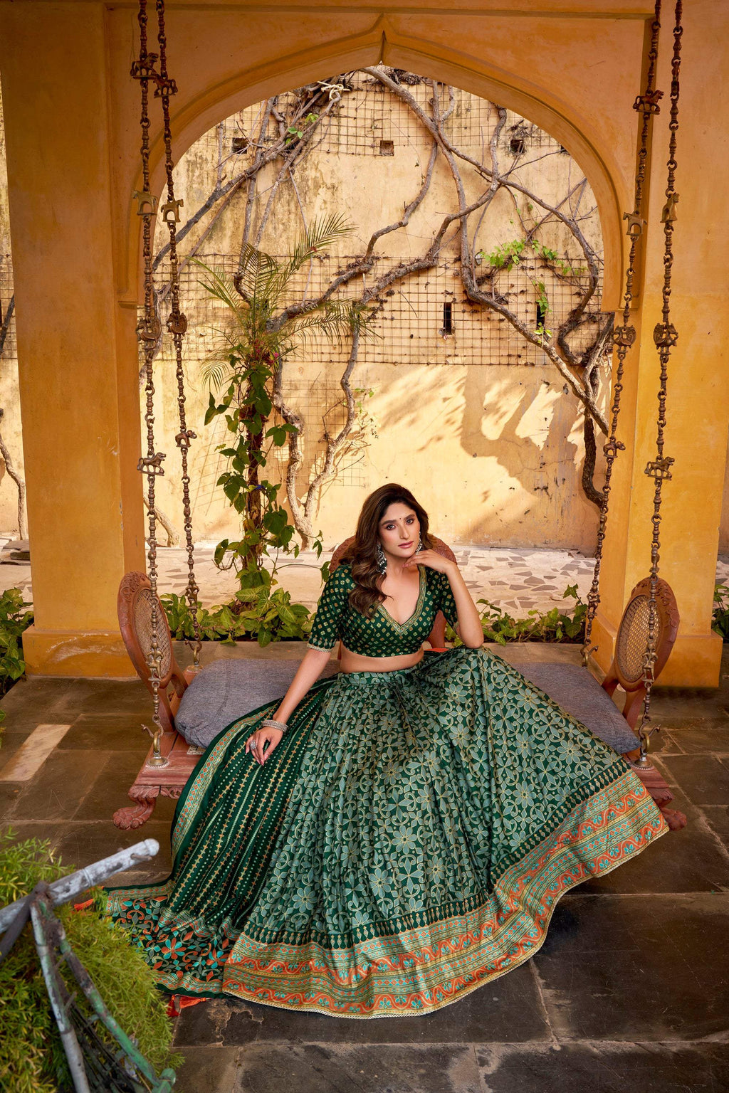 Lorenvalley Fashion Green Tasar Silk Iconic Sparkle with Lace Border Lehenga Choli with Dupatta