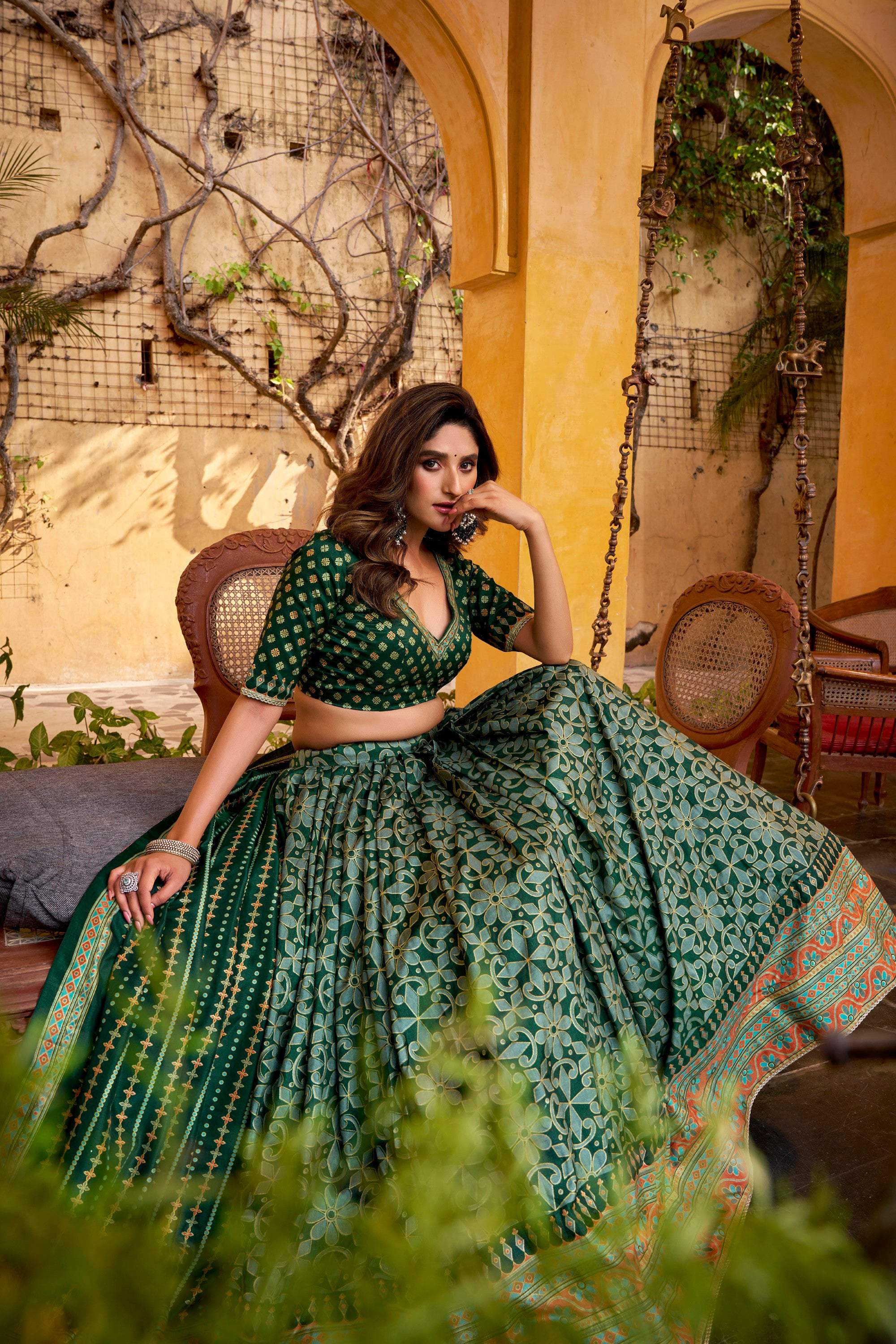 Lorenvalley Fashion Green Tasar Silk Iconic Sparkle with Lace Border Lehenga Choli with Dupatta