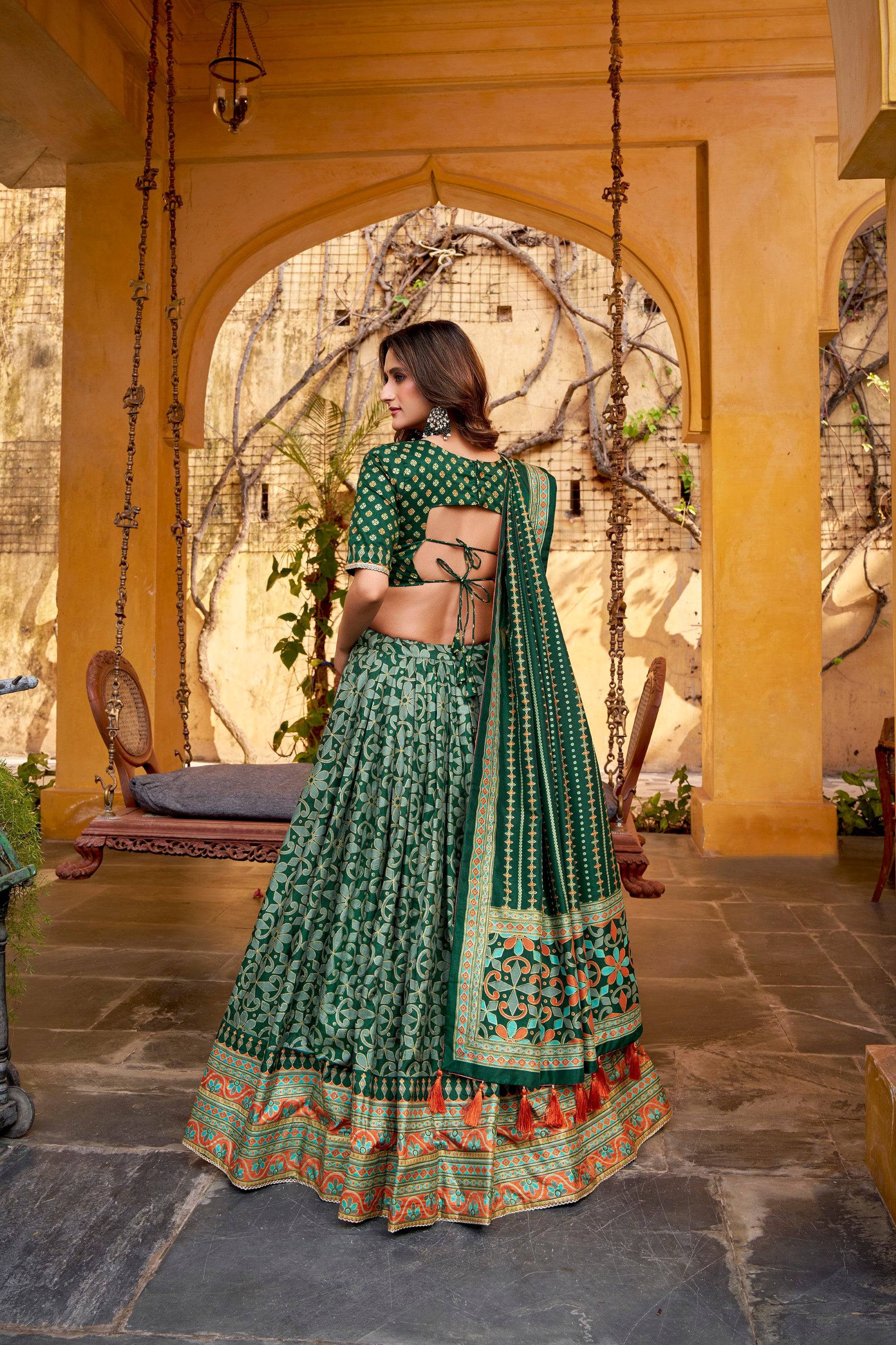 Lorenvalley Fashion Green Tasar Silk Iconic Sparkle with Lace Border Lehenga Choli with Dupatta