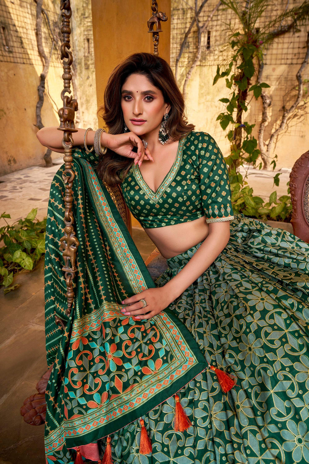 Lorenvalley Fashion Green Tasar Silk Iconic Sparkle with Lace Border Lehenga Choli with Dupatta