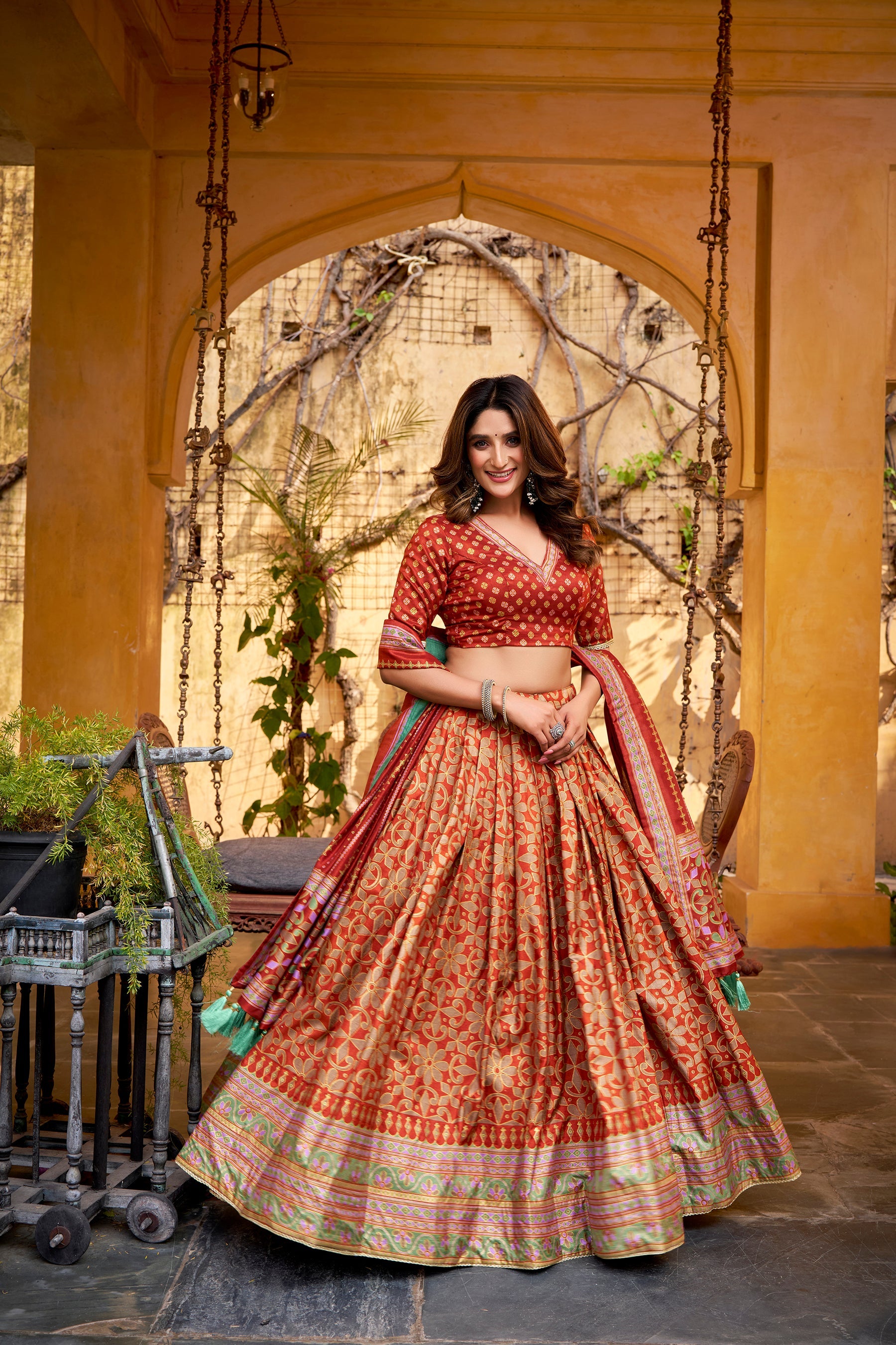 Orange Tussar Silk Lehenga Choli with Sparkle Lace Border