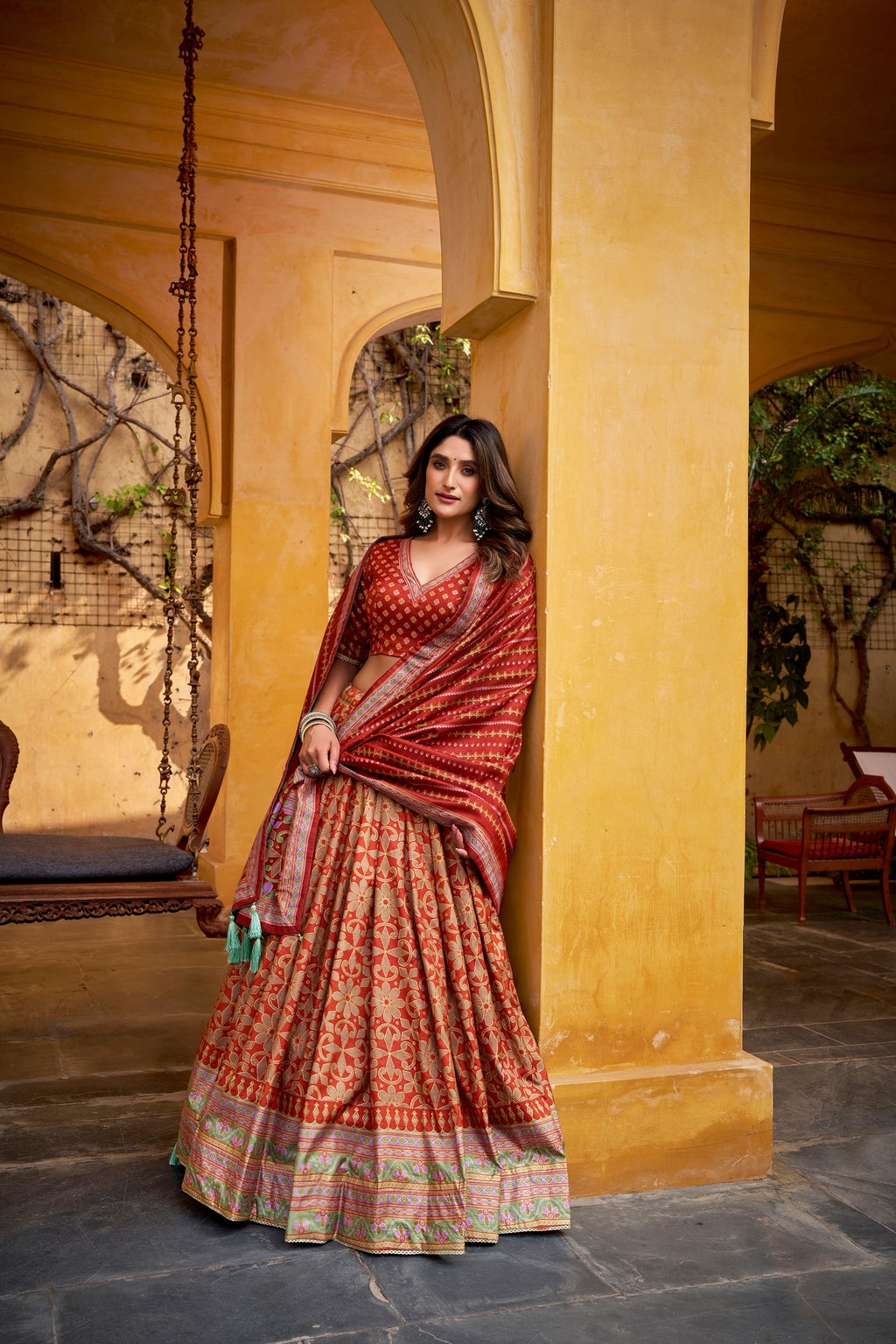 Orange Tussar Silk Lehenga Choli with Sparkle Lace Border