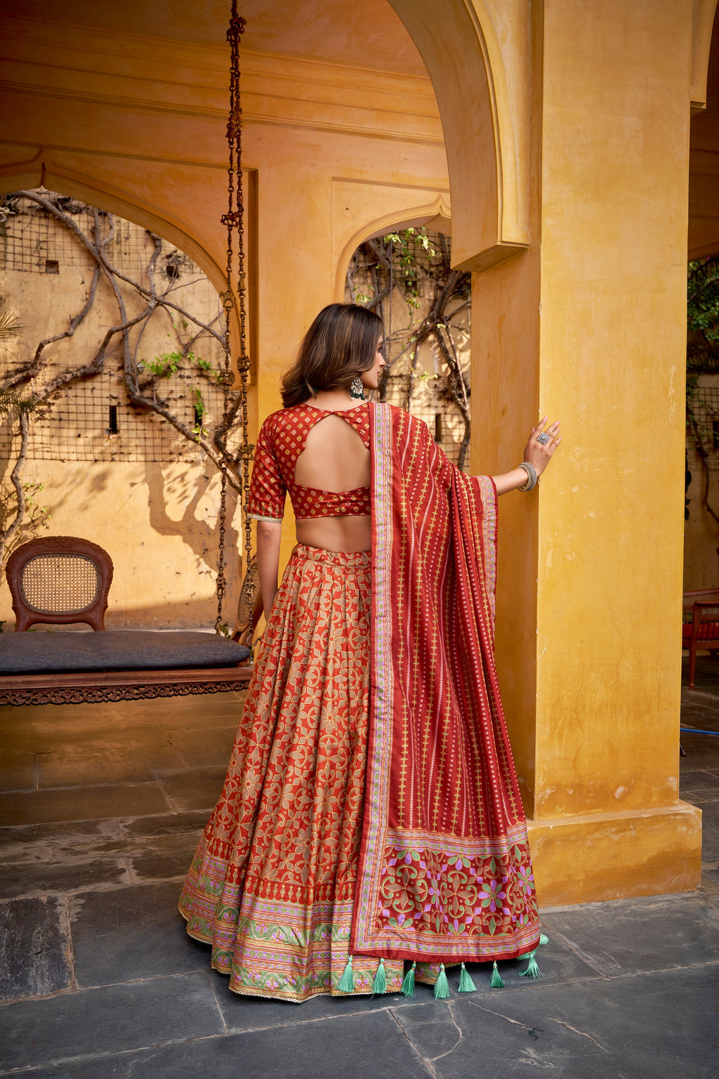 Orange Tussar Silk Lehenga Choli with Sparkle Lace Border