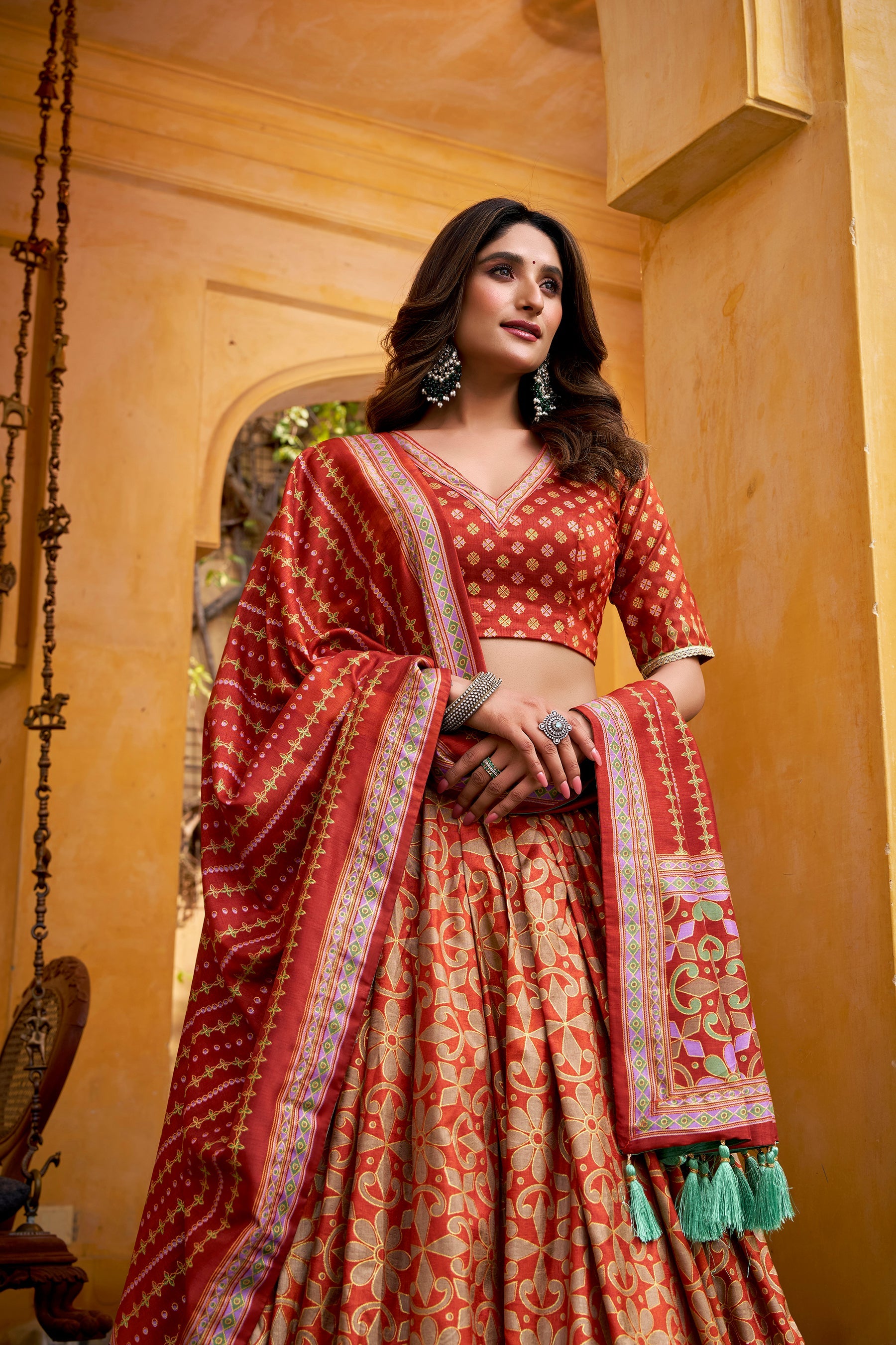 Orange Tussar Silk Lehenga Choli with Sparkle Lace Border