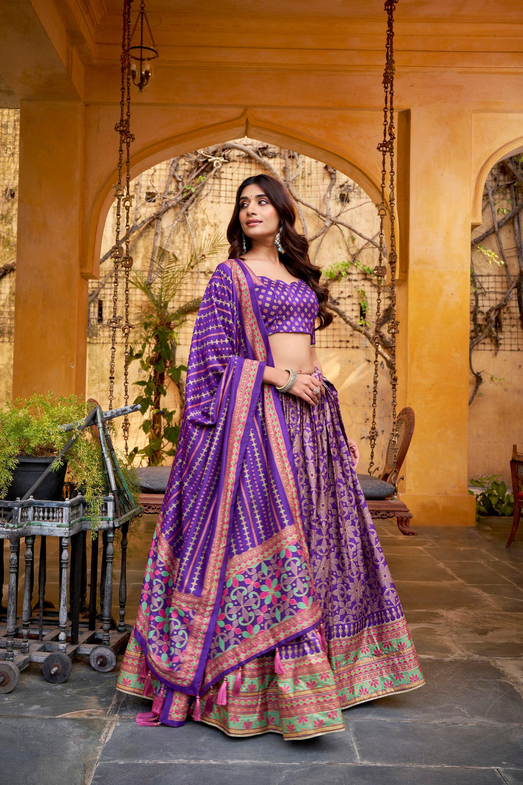 Lorenvalley Fashion Purple Tasar Silk Iconic Sparkle with Lace Border Lehenga Choli with Dupatta