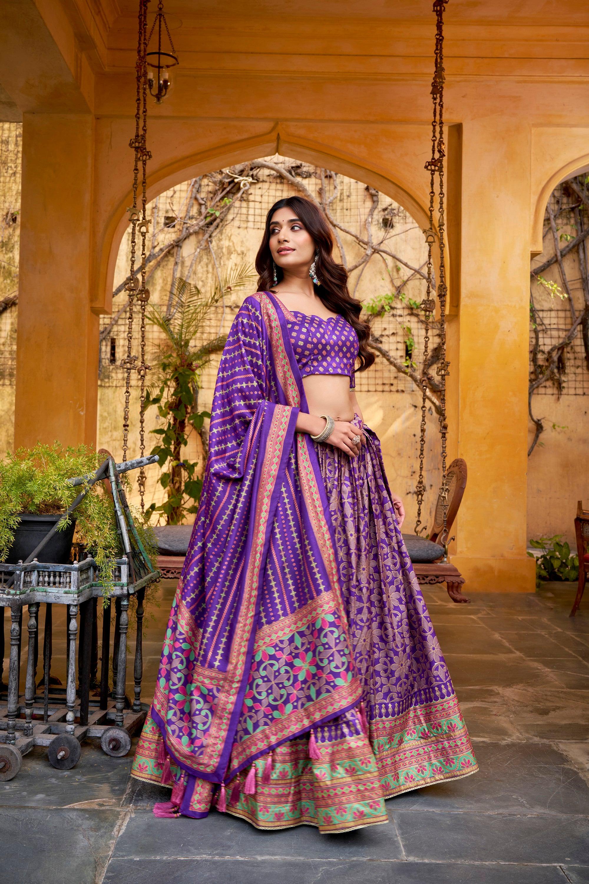 Lorenvalley Fashion Purple Tasar Silk Iconic Sparkle with Lace Border Lehenga Choli with Dupatta