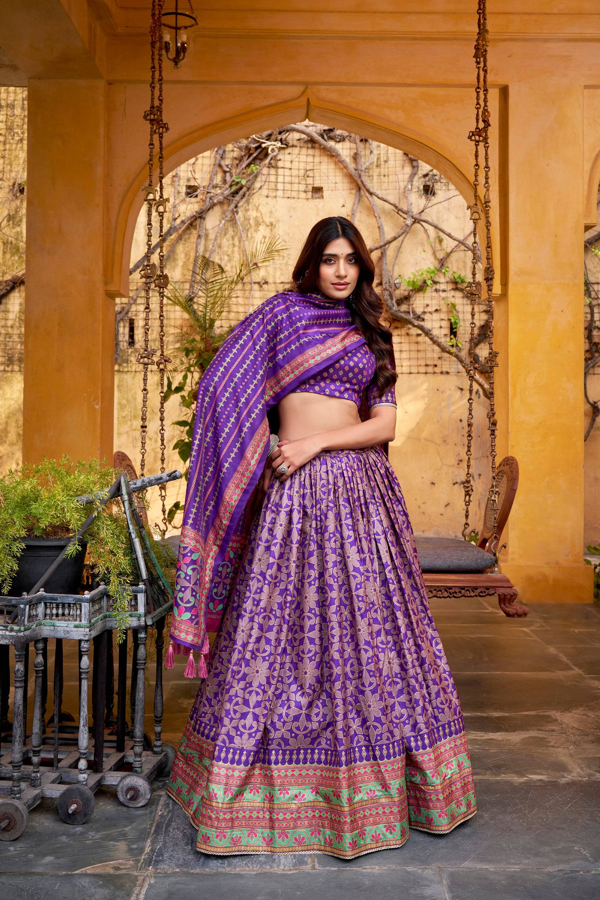 Lorenvalley Fashion Purple Tasar Silk Iconic Sparkle with Lace Border Lehenga Choli with Dupatta