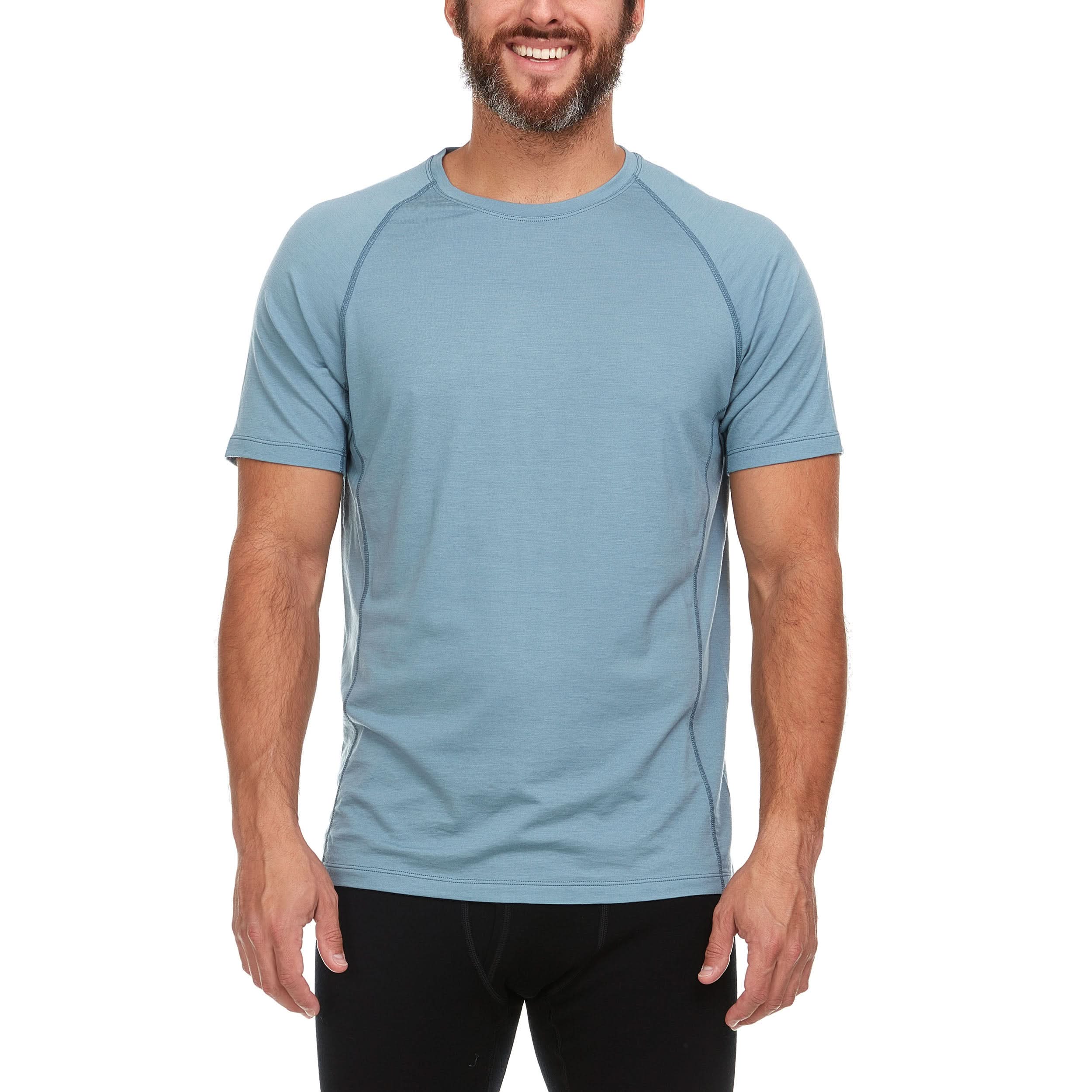 Close-up view of the Woolverino Men's Microweight Merino Wool Raglan T-Shirt in olive-green