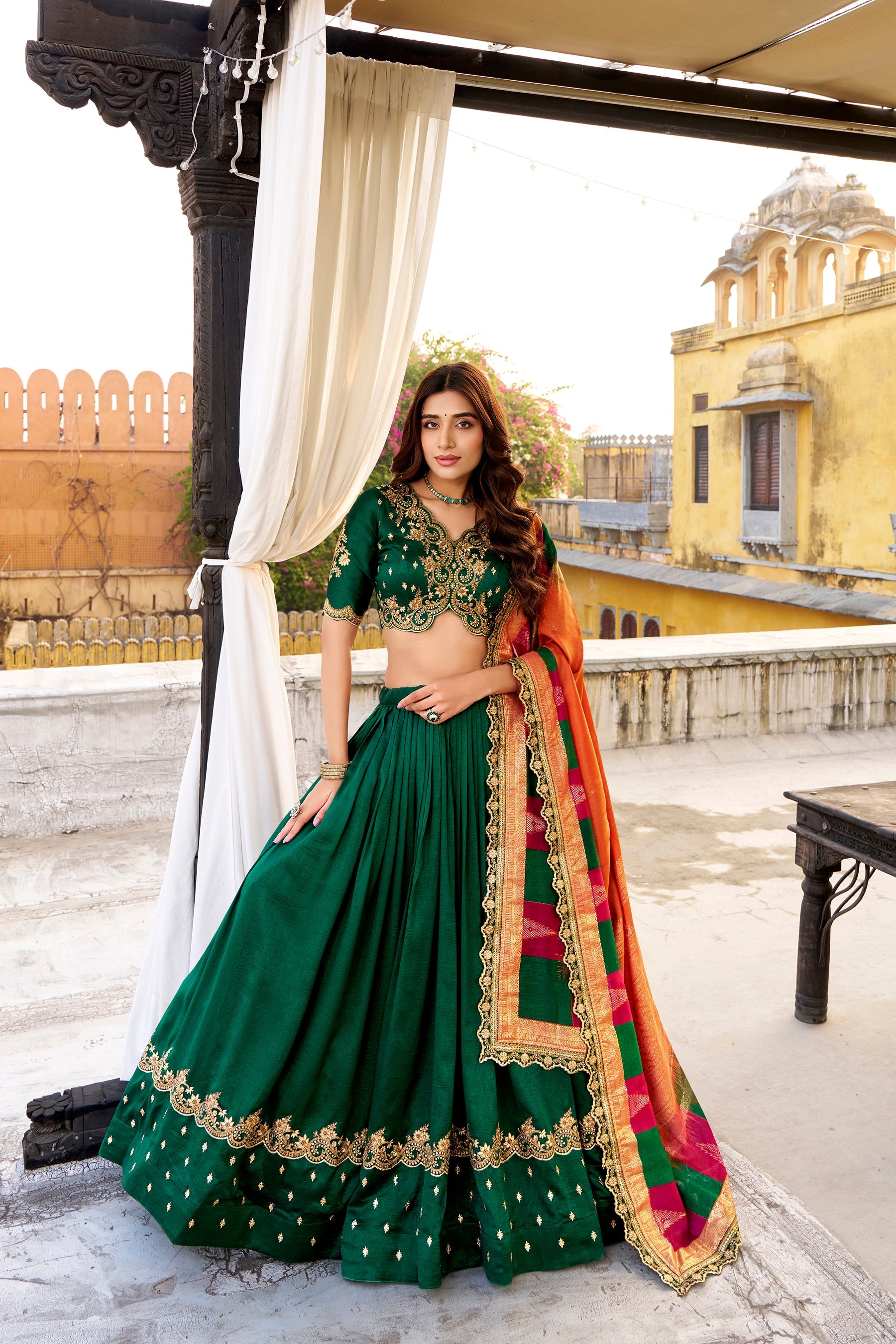 Green Vichitra Silk Sequins & Embroidery Lehenga Choli Set