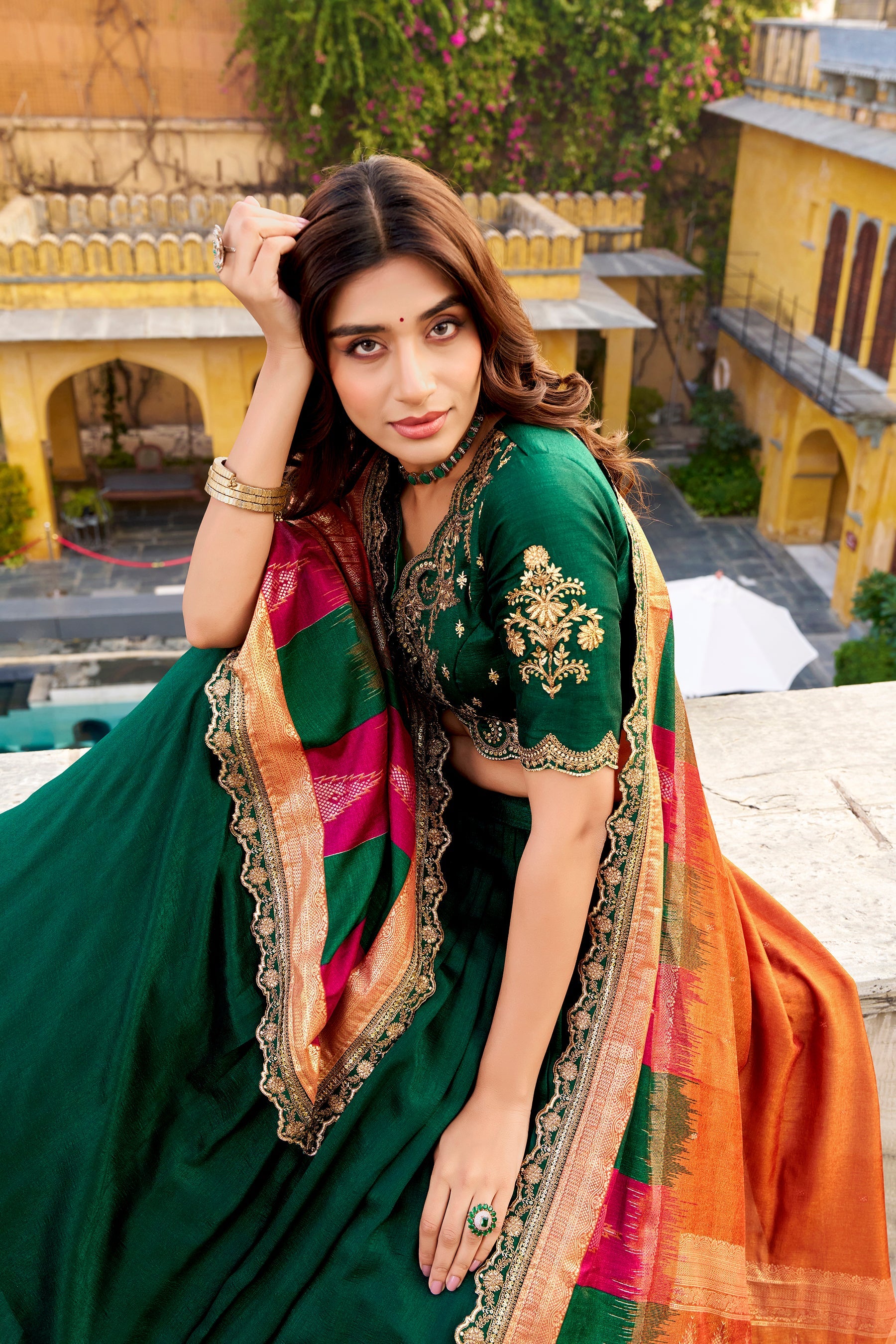 Green Vichitra Silk Sequins & Embroidery Lehenga Choli Set