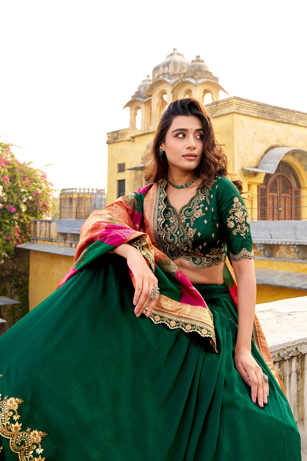 Green Vichitra Silk Sequins & Embroidery Lehenga Choli Set