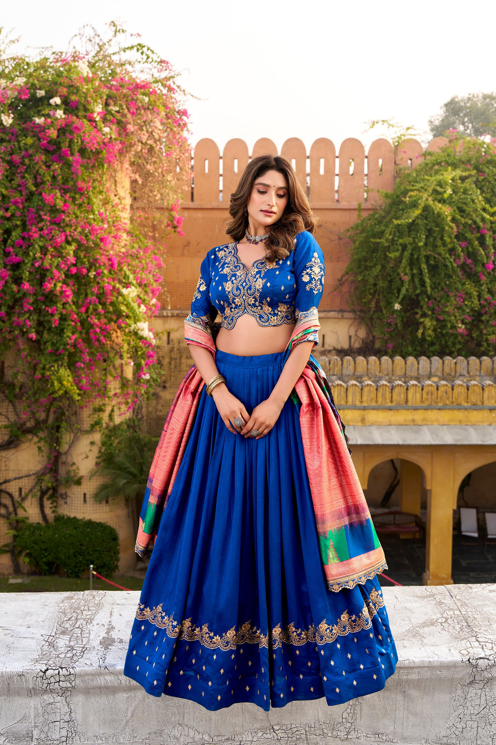 Royal Blue Vichitra Silk Lehenga Choli with Sequins & Embroidery