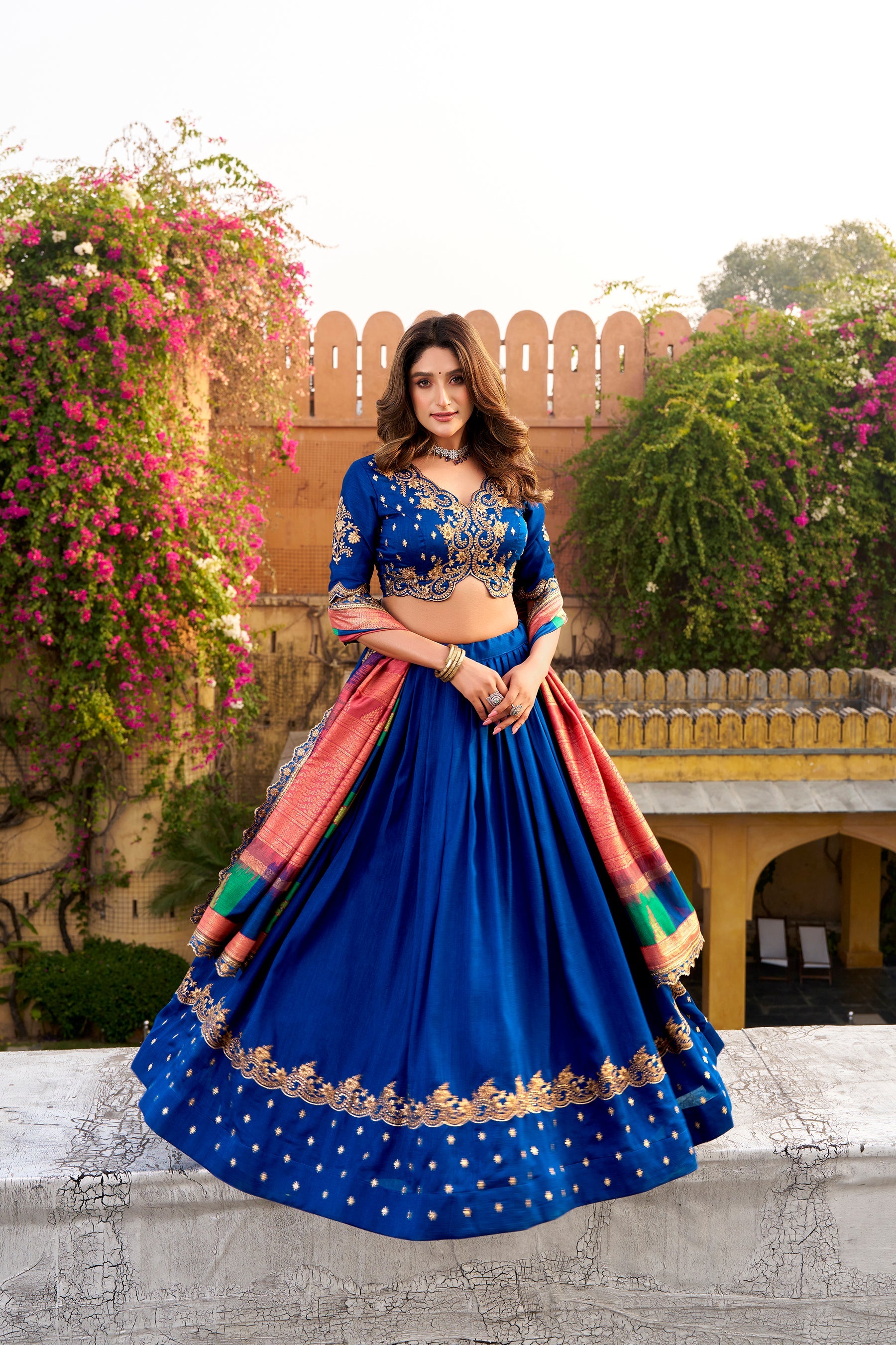 Royal Blue Vichitra Silk Lehenga Choli with Sequins & Embroidery