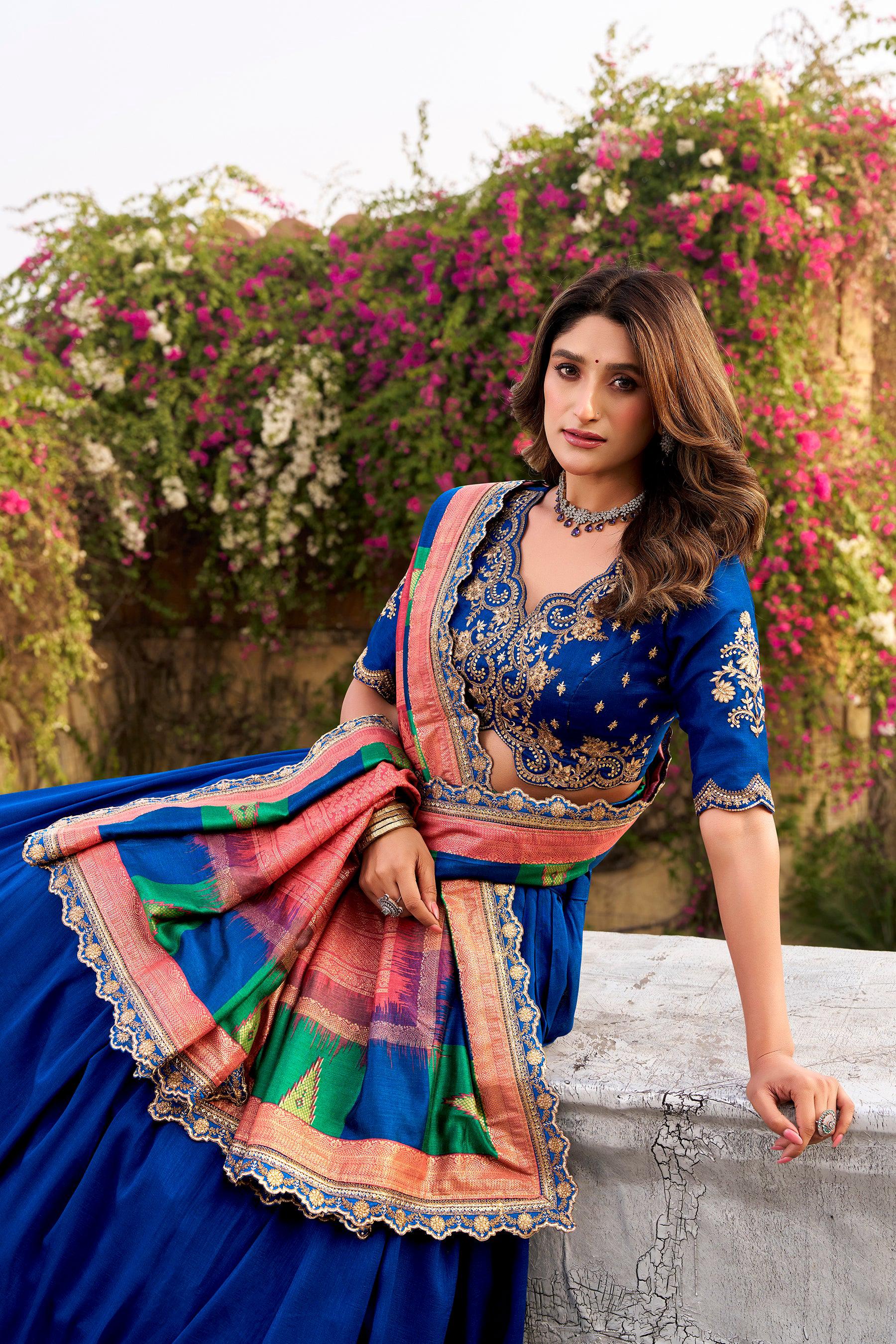 Royal Blue Vichitra Silk Lehenga Choli with Sequins & Embroidery