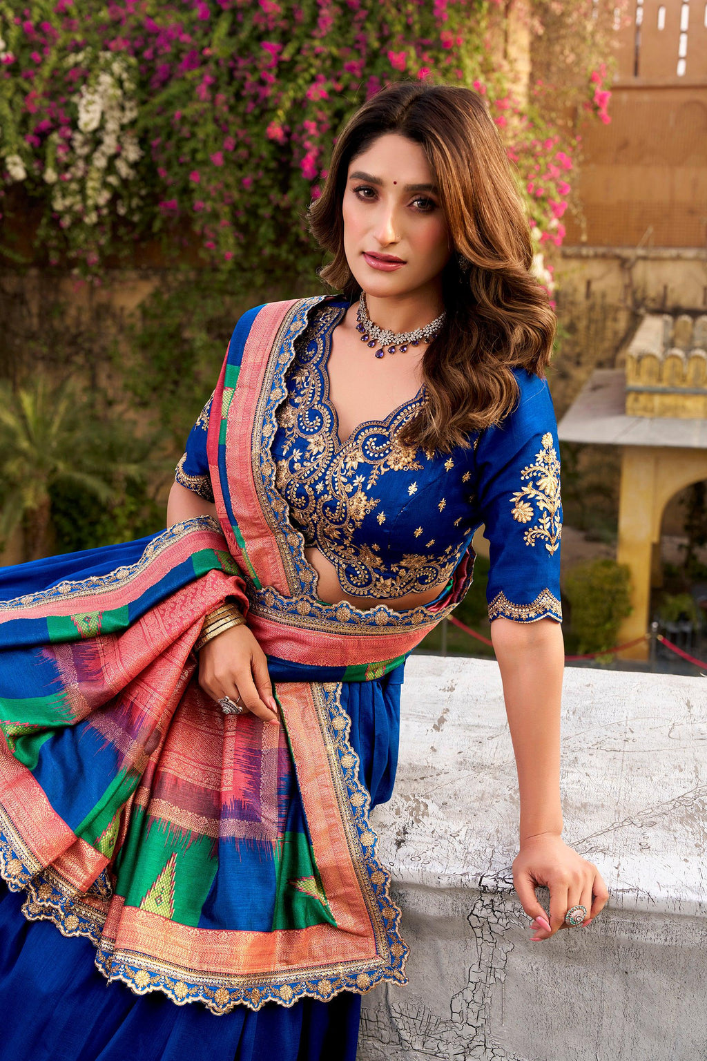 Royal Blue Vichitra Silk Lehenga Choli with Sequins & Embroidery