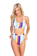 Rainbow striped bikini set with scoop neck top and high-rise cheeky bottoms