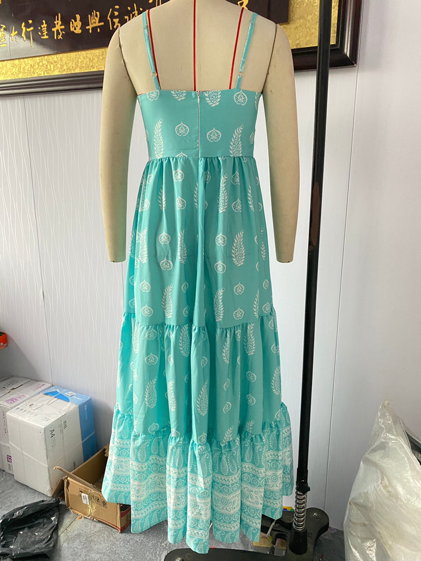 Summer Women Printed Wear Strap Long Backless Stitching Big Swing Dress