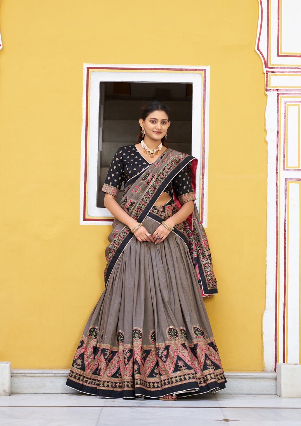 Black Tasar Silk printed lehenga choli with lace border and sparkle details