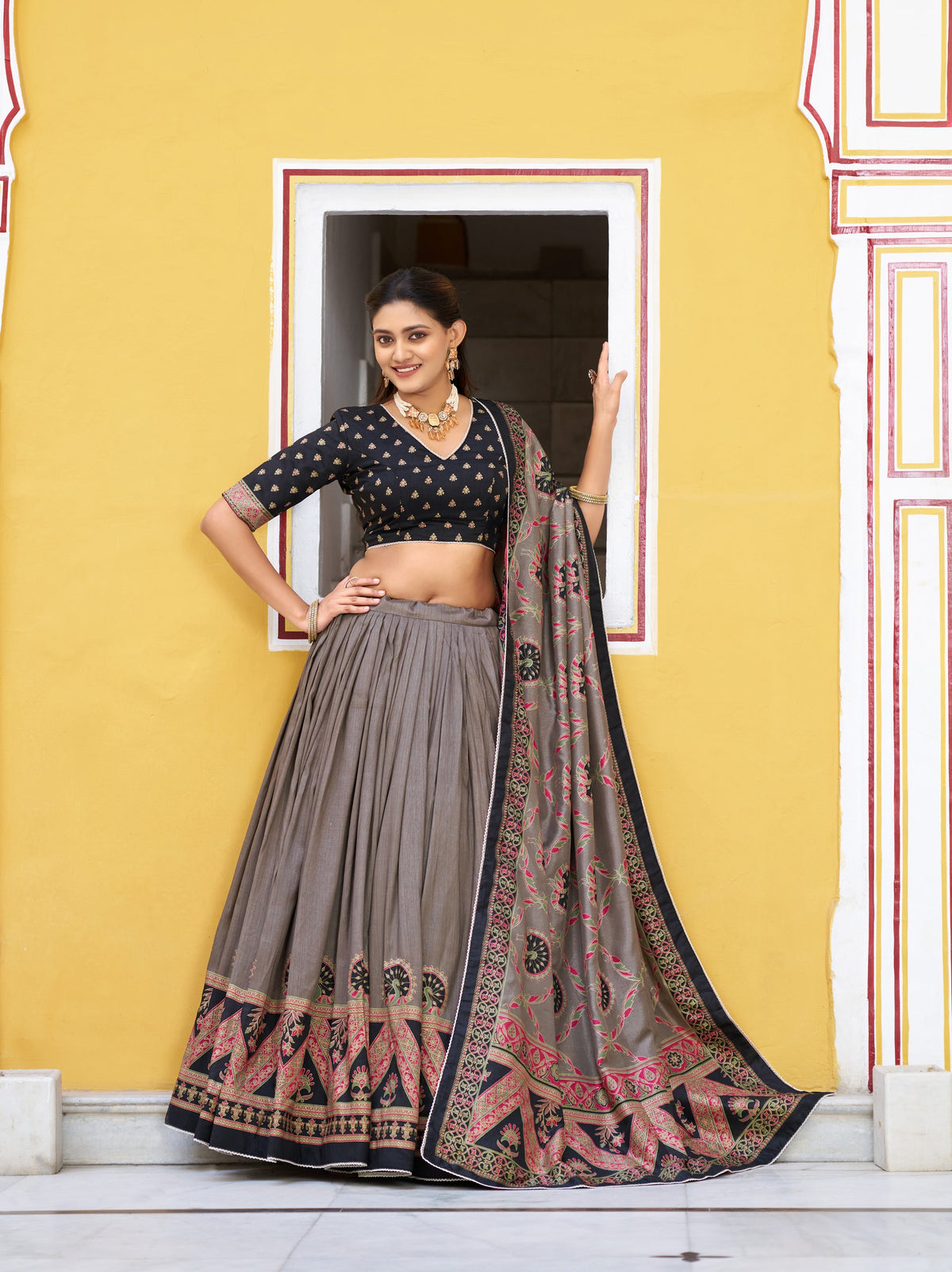 Black Tasar Silk Printed Lehenga Choli with Lace Border