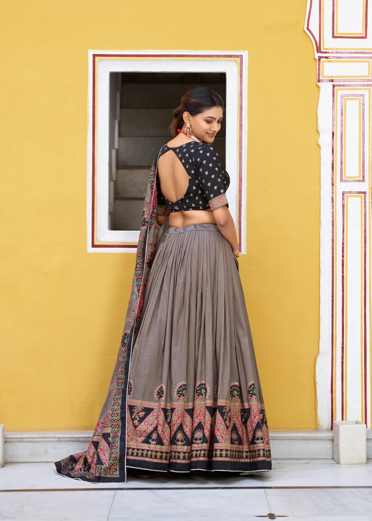 Black Tasar Silk Printed Lehenga Choli with Lace Border
