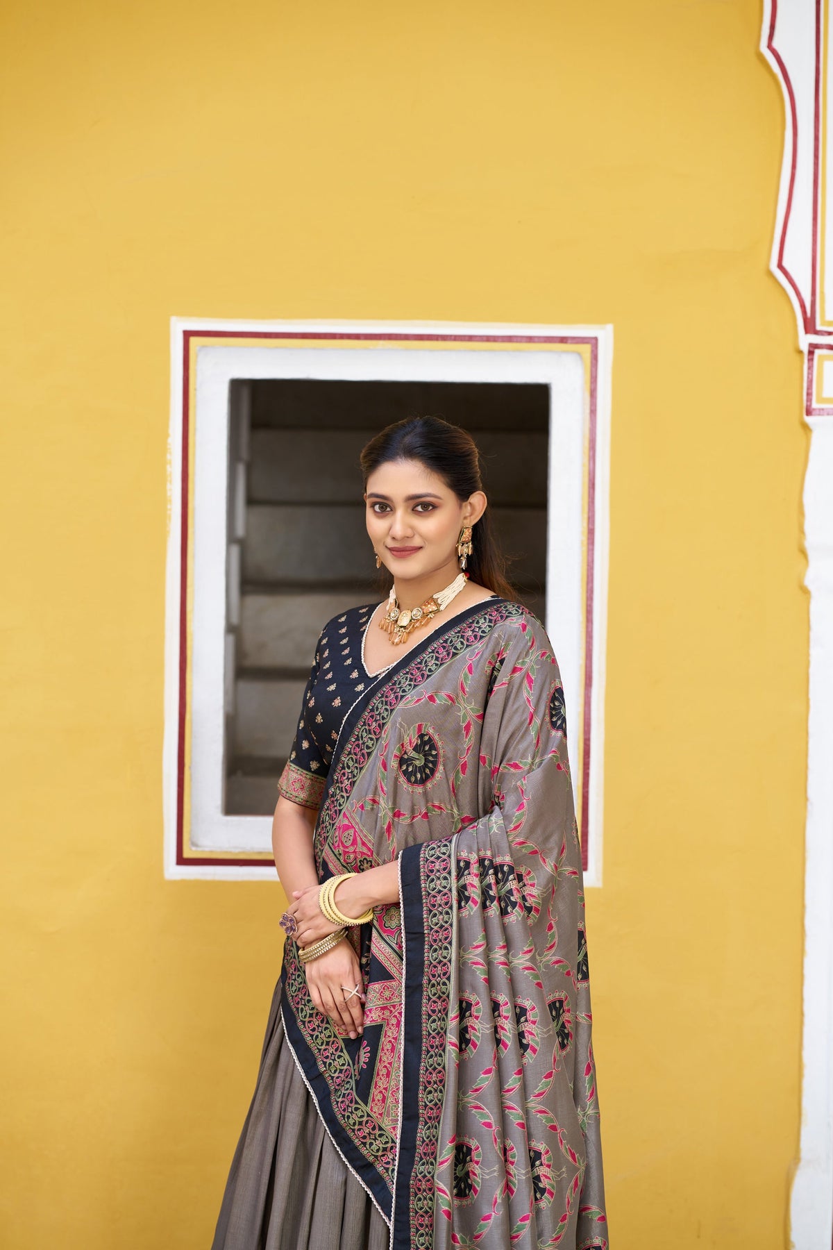Black Tasar Silk Printed Lehenga Choli with Lace Border