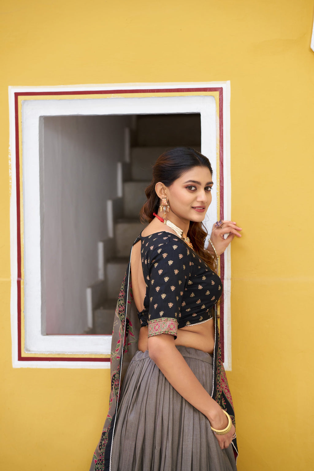 Black Tasar Silk Printed Lehenga Choli with Lace Border