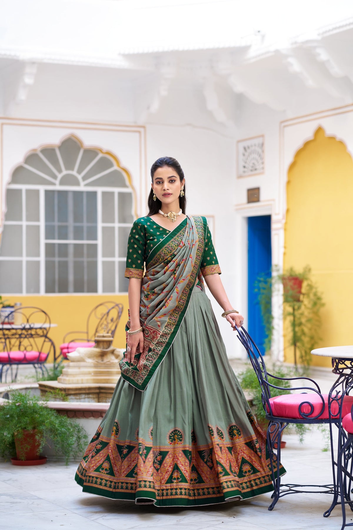 Green Tasar Silk Printed Lehenga Choli With Lace Border