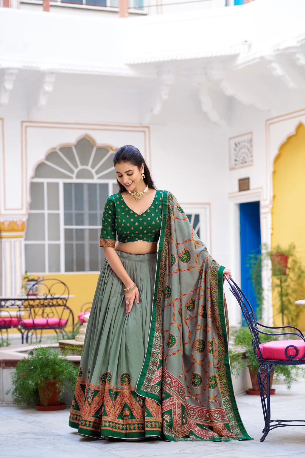 Green Tasar Silk Printed Lehenga Choli With Lace Border