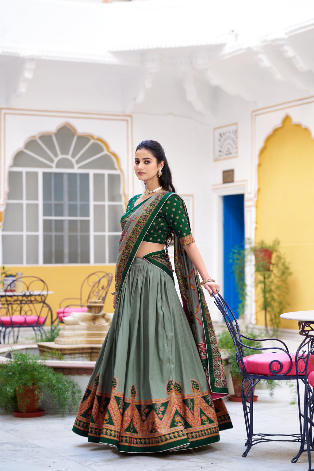 Green Tasar Silk Printed Lehenga Choli With Lace Border