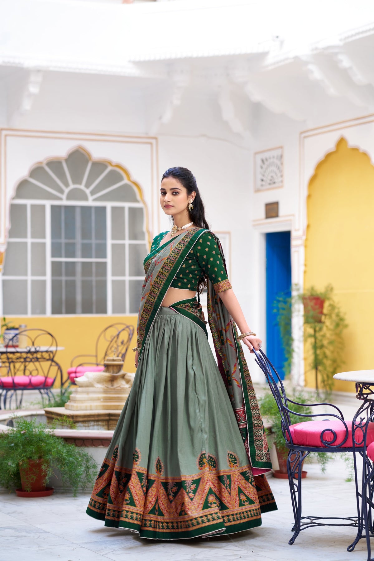 Green Tasar Silk Printed Lehenga Choli With Lace Border