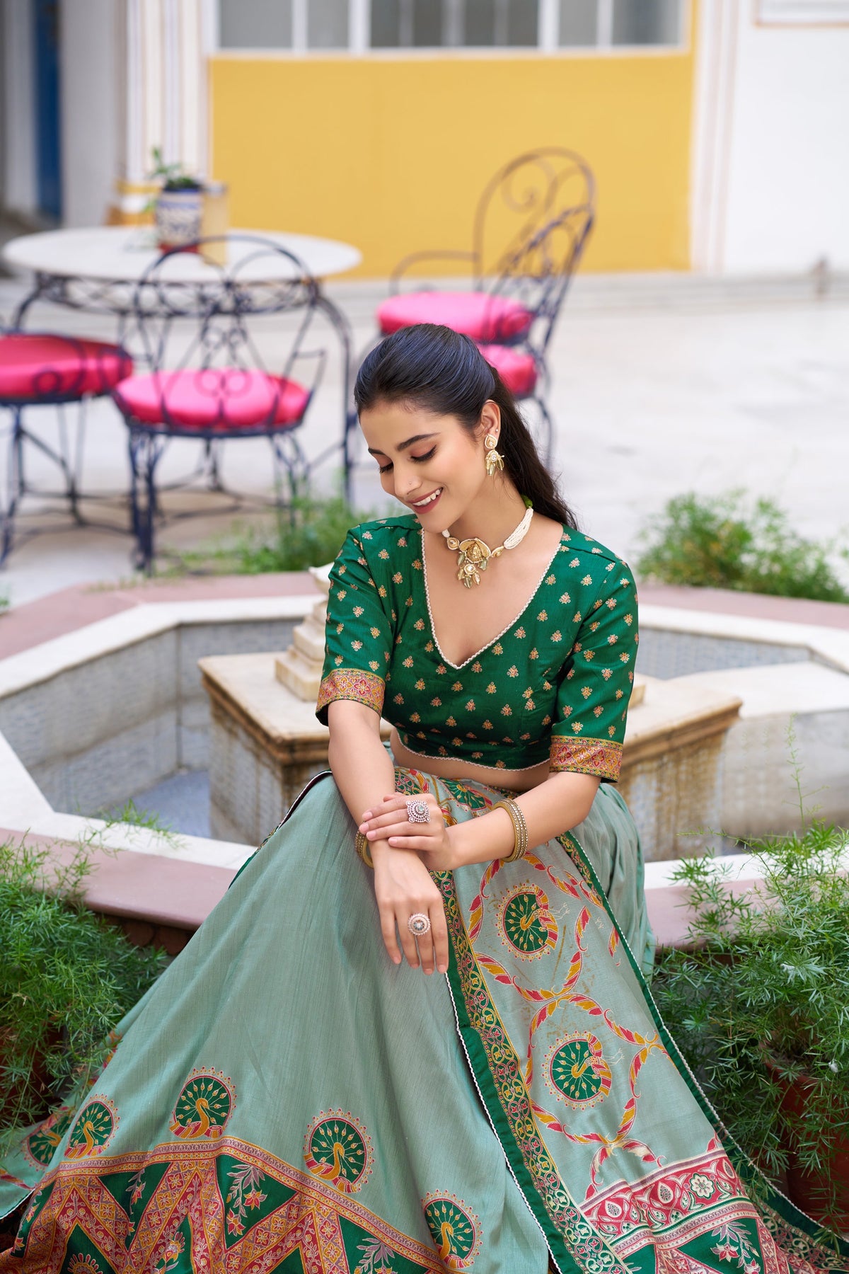 Green Tasar Silk Printed Lehenga Choli With Lace Border